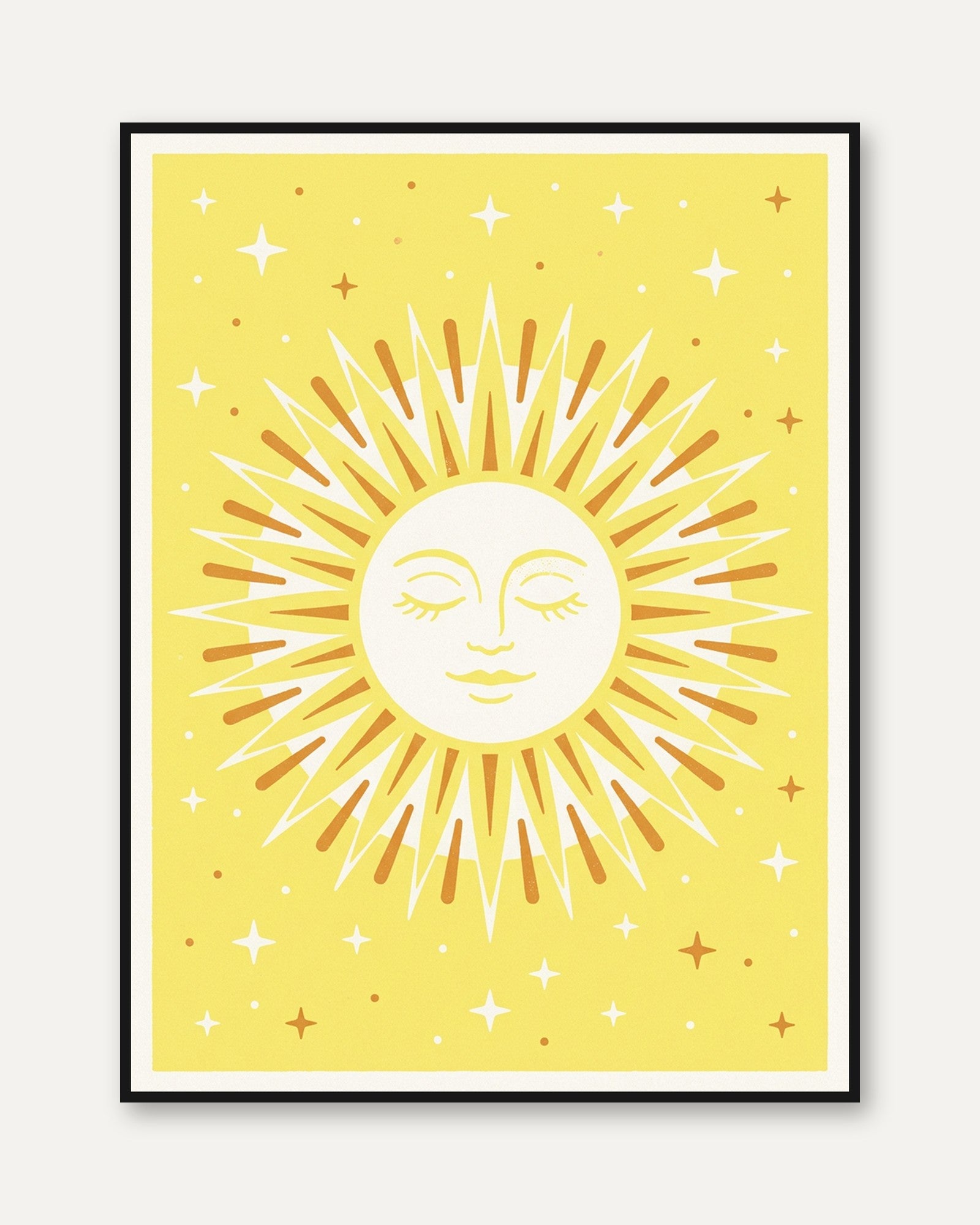 Celestial Sun Face Art Print: Mid-Century Modern Yellow Design - framed