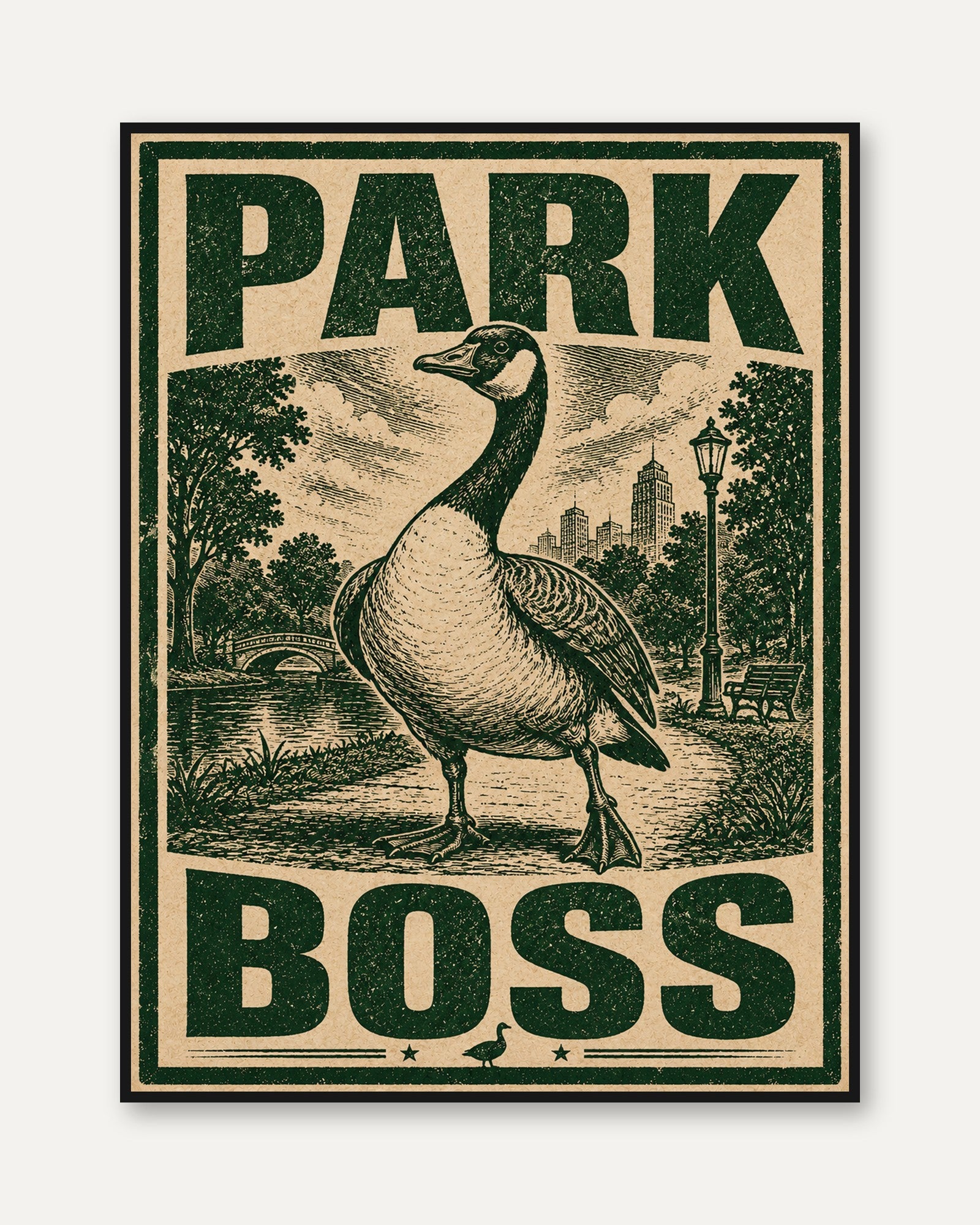 Park Boss Goose Print: Vintage Woodcut Style Green Poster - framed