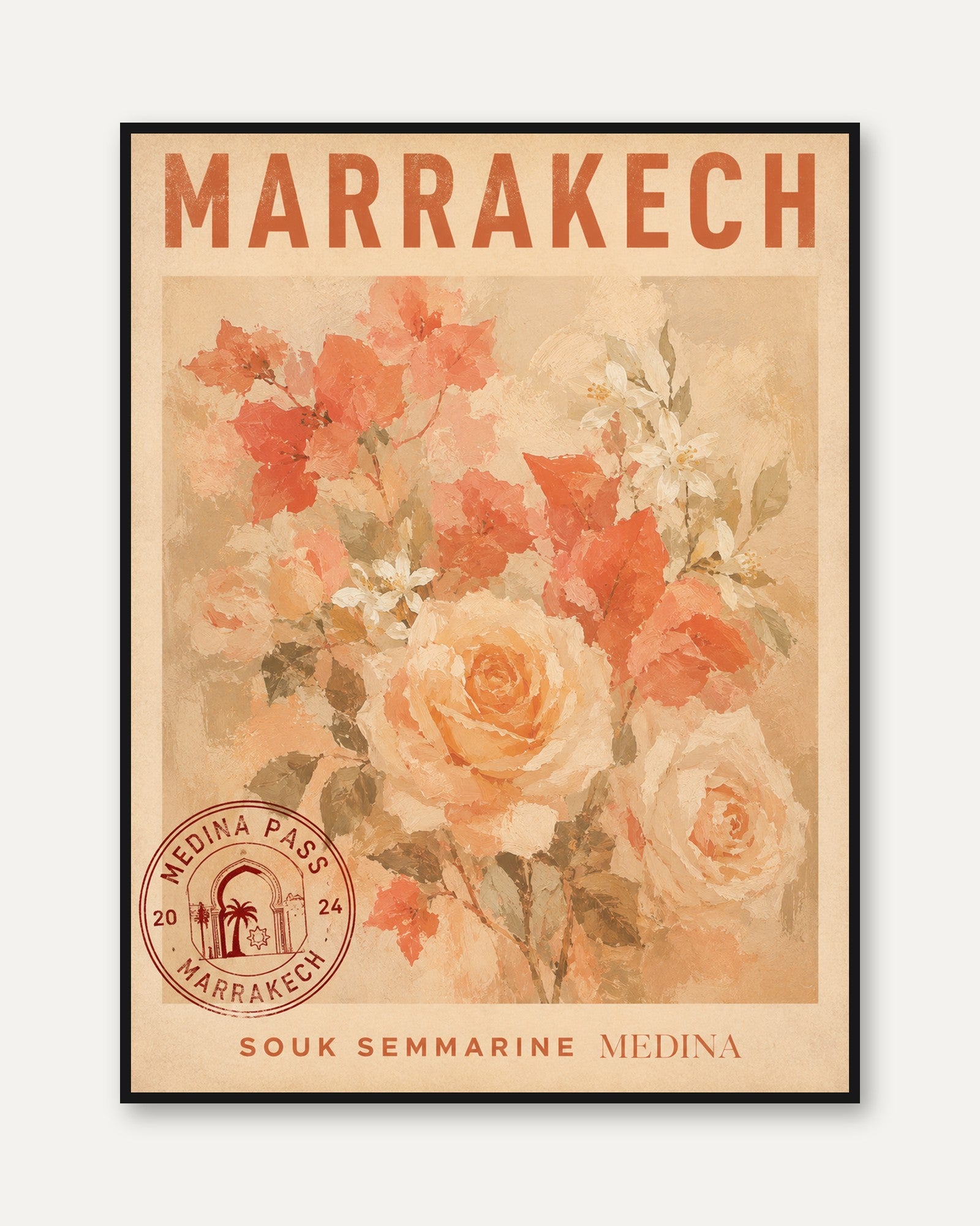Marrakech Travel Poster – Vintage Floral Wall Art - framed