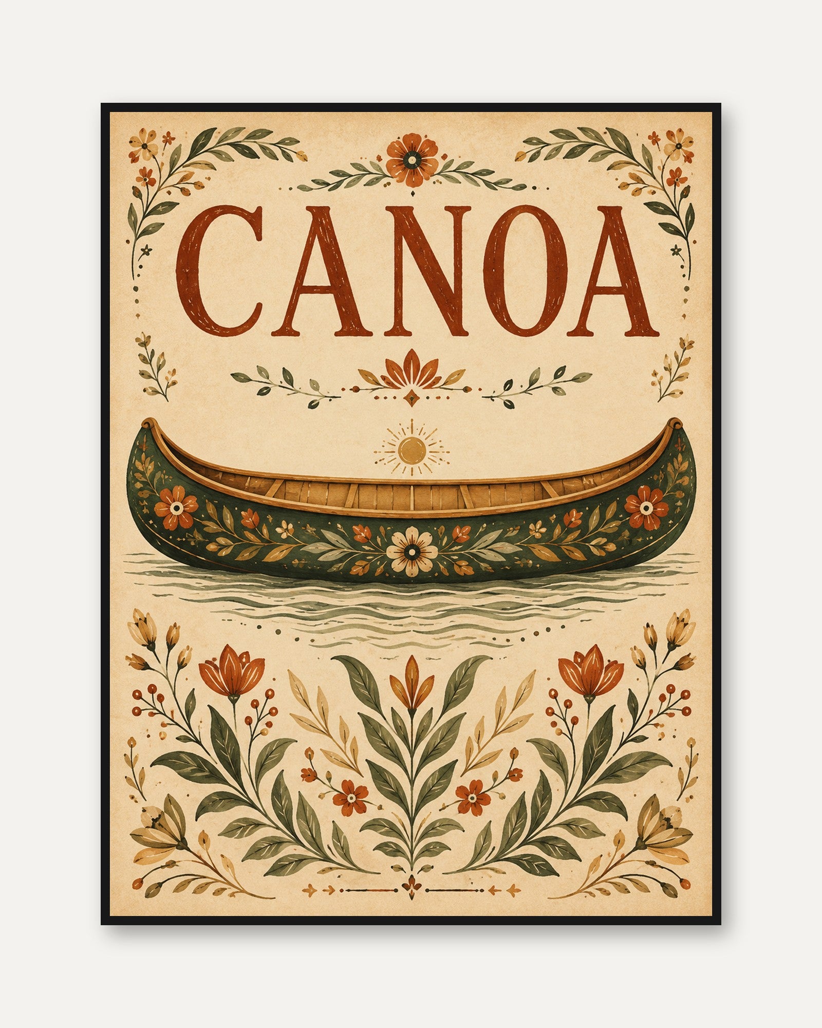 Folk Art Canoe Print: Vintage Floral Botanical Design - framed