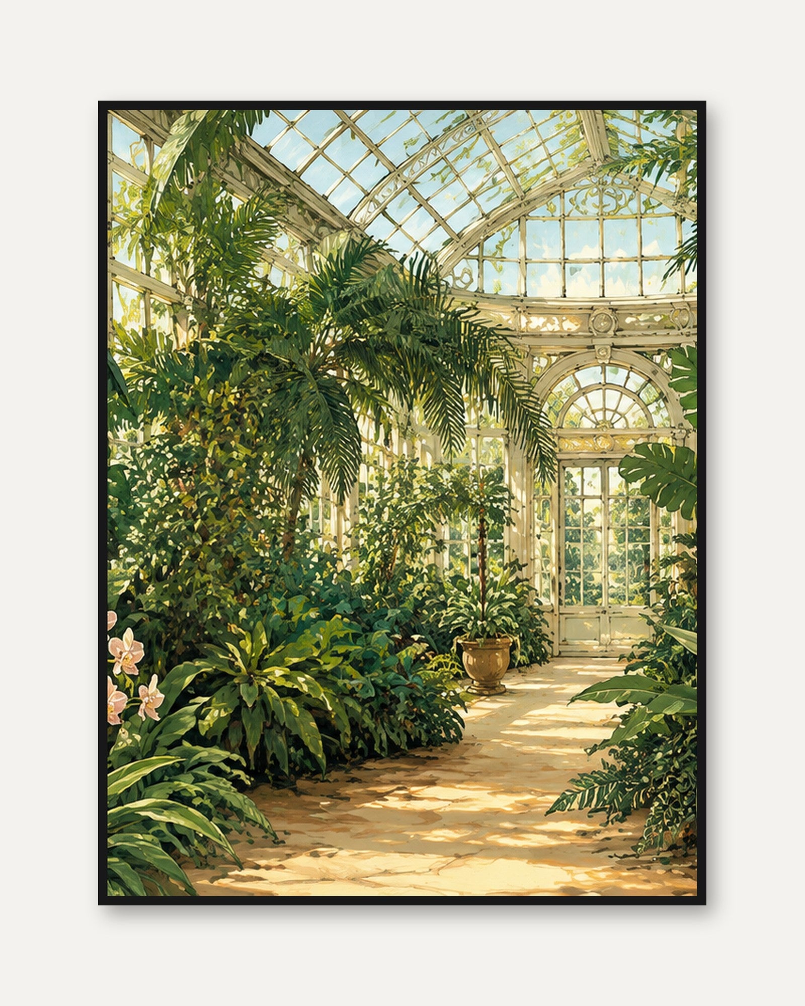 Victorian Greenhouse Garden Art Print: Lush Green Botanical Interior - framed