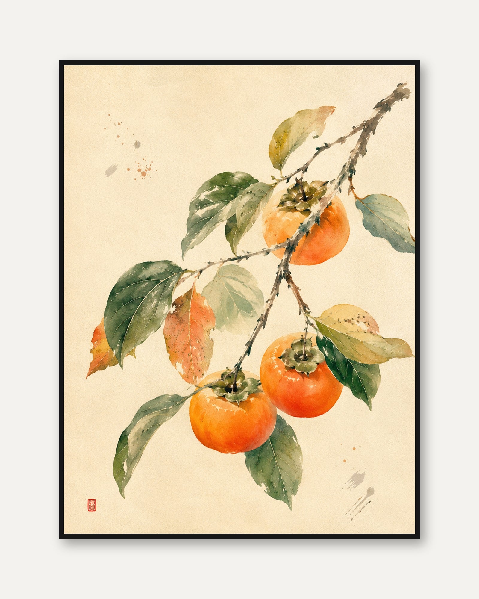 Persimmon Watercolor Print – Botanical Wall Art - framed