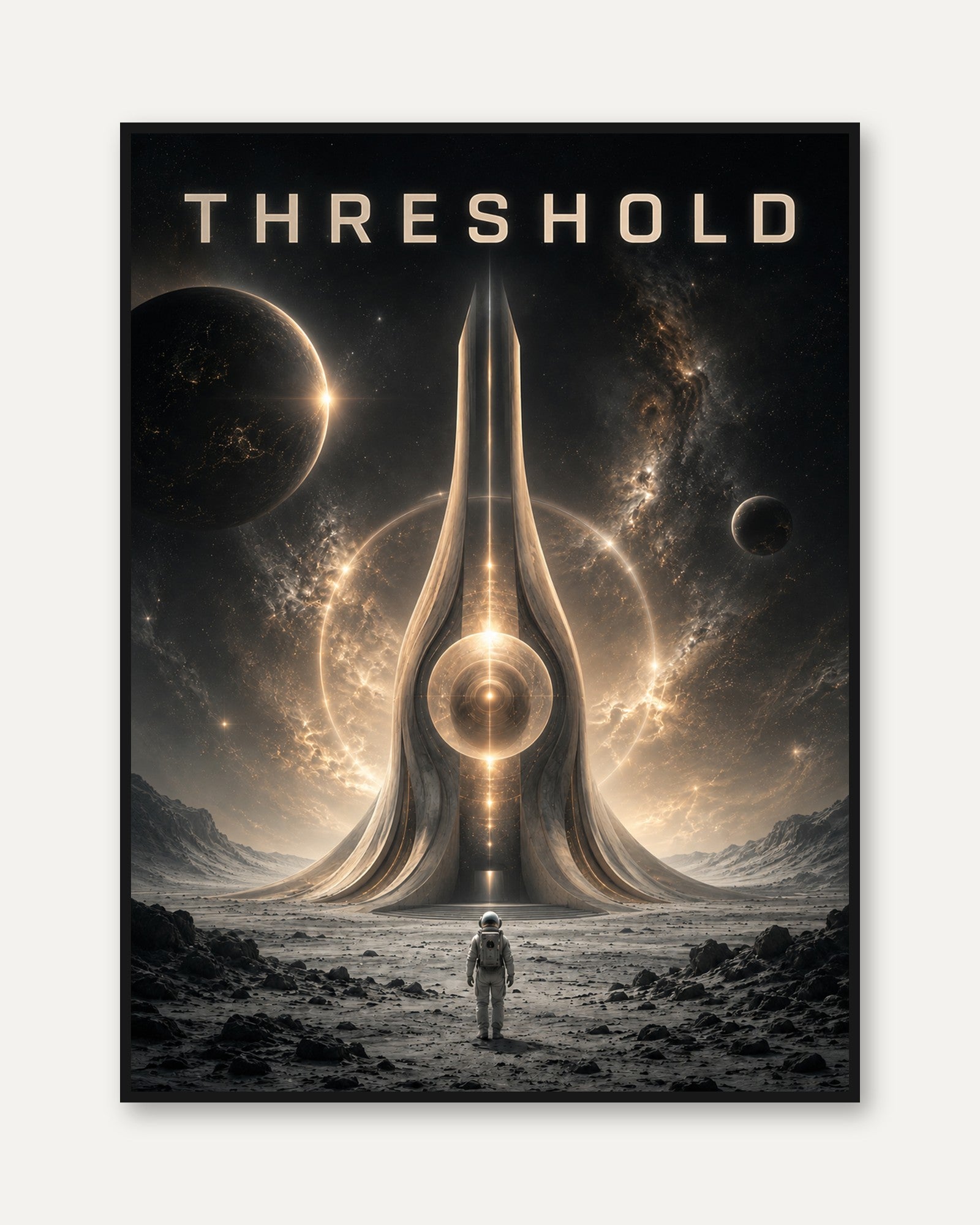 Cosmic Gateway Art Print: Futuristic Space Explorer Golden Portal - framed