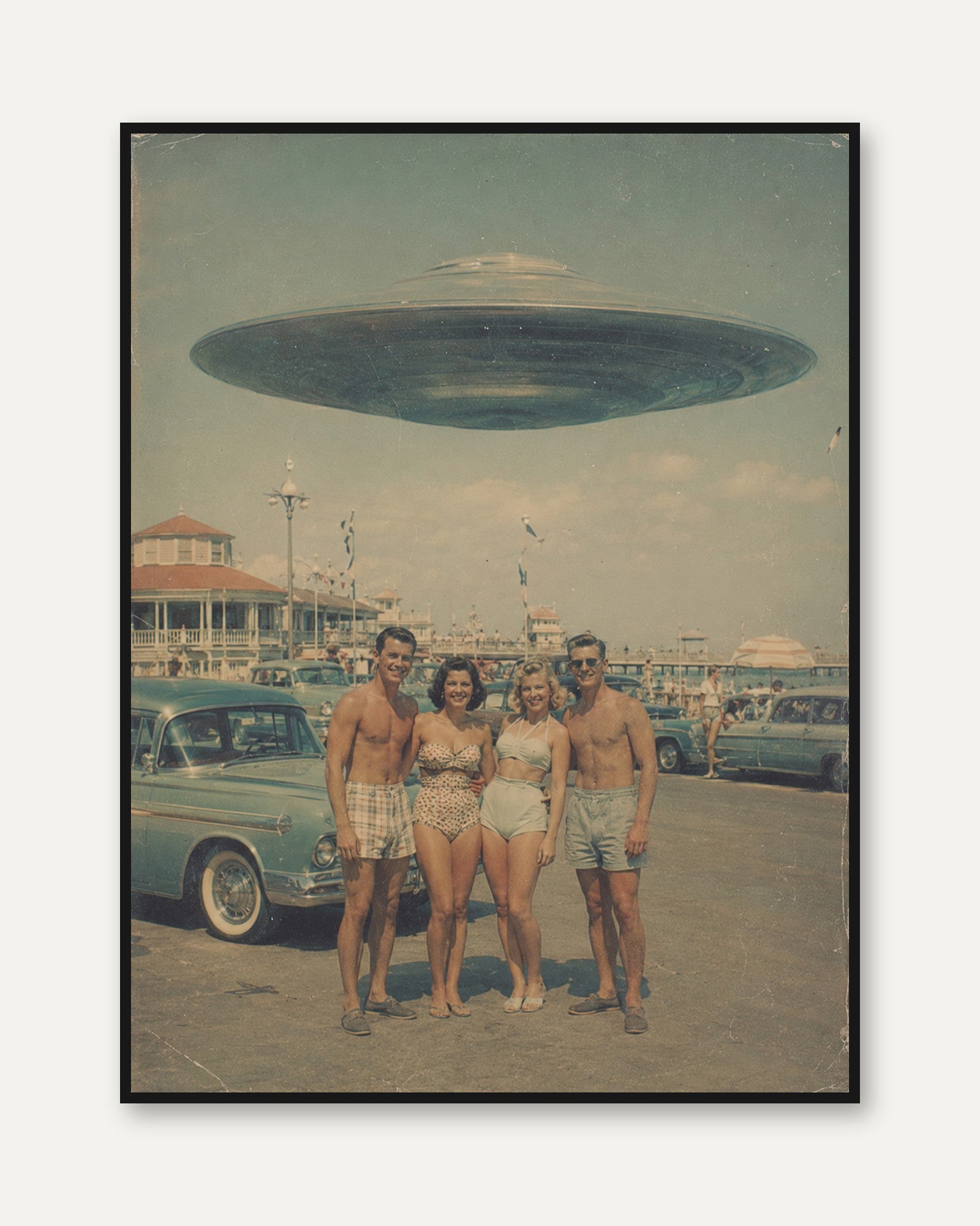 Retro UFO Beach Photograph — Vintage 1950s Sci-Fi Kitsch - framed