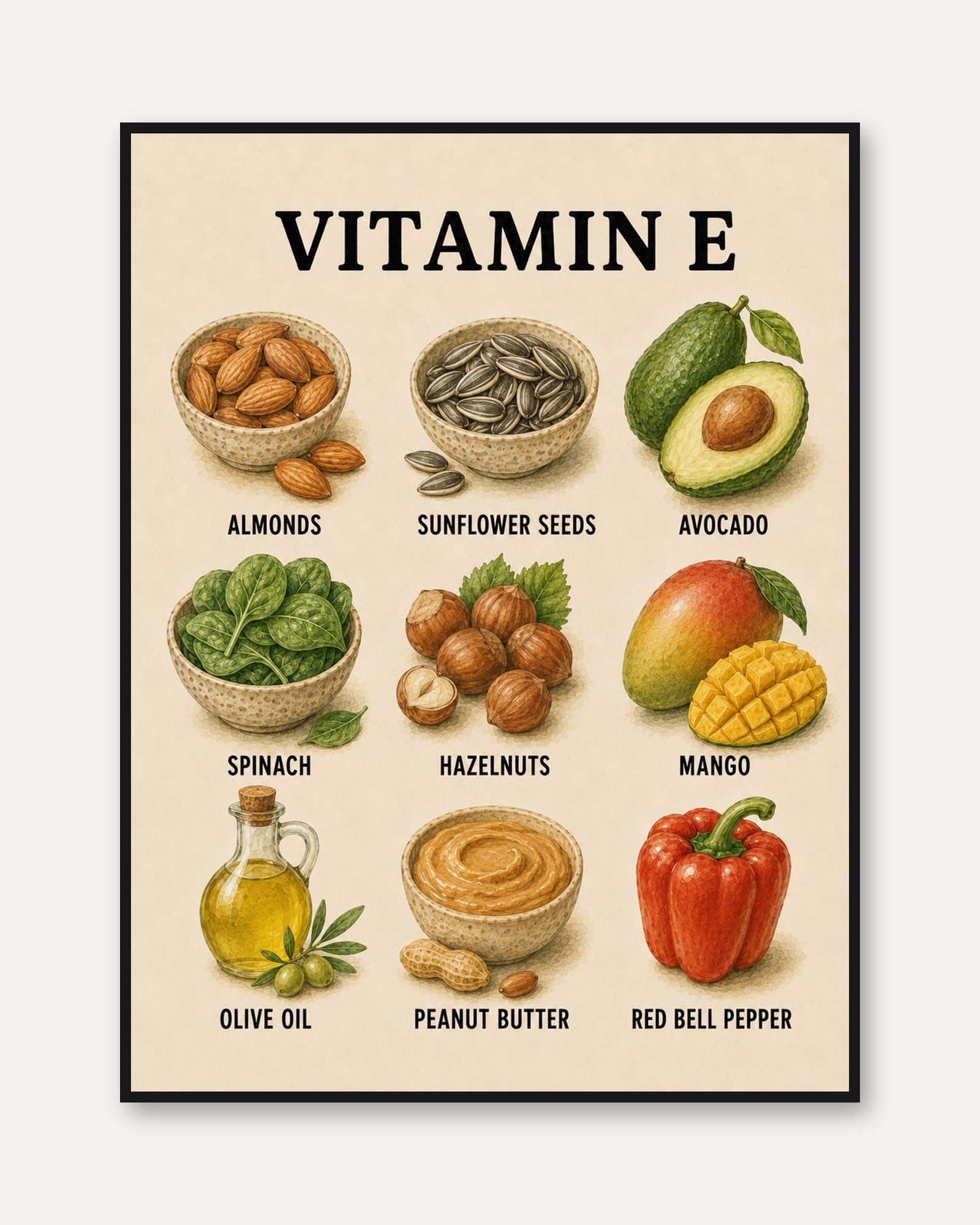 Vitamin E Foods Poster – Kitchen Wall Art - framed