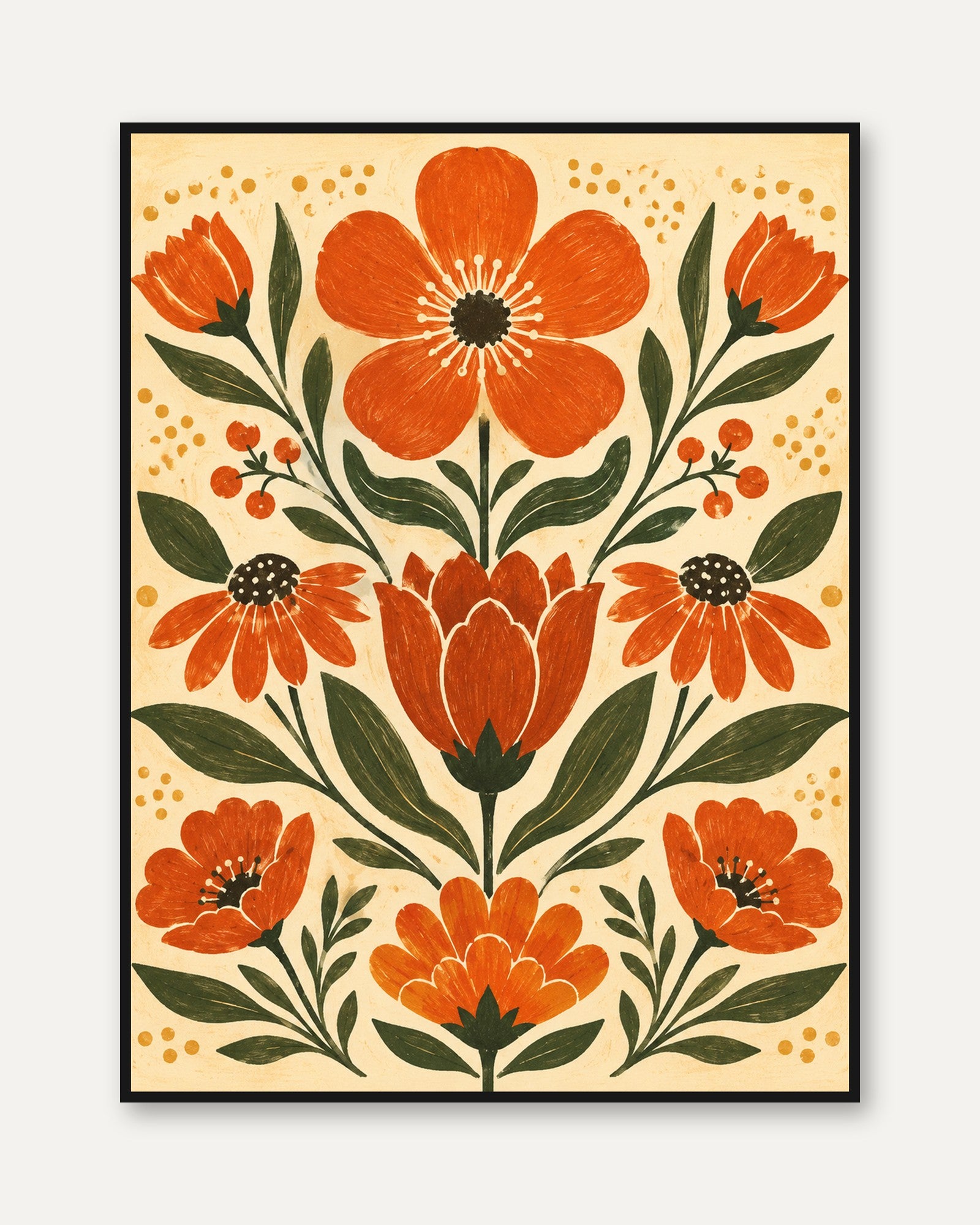 Folk Art Floral Print – Retro Botanical Wall Art - framed