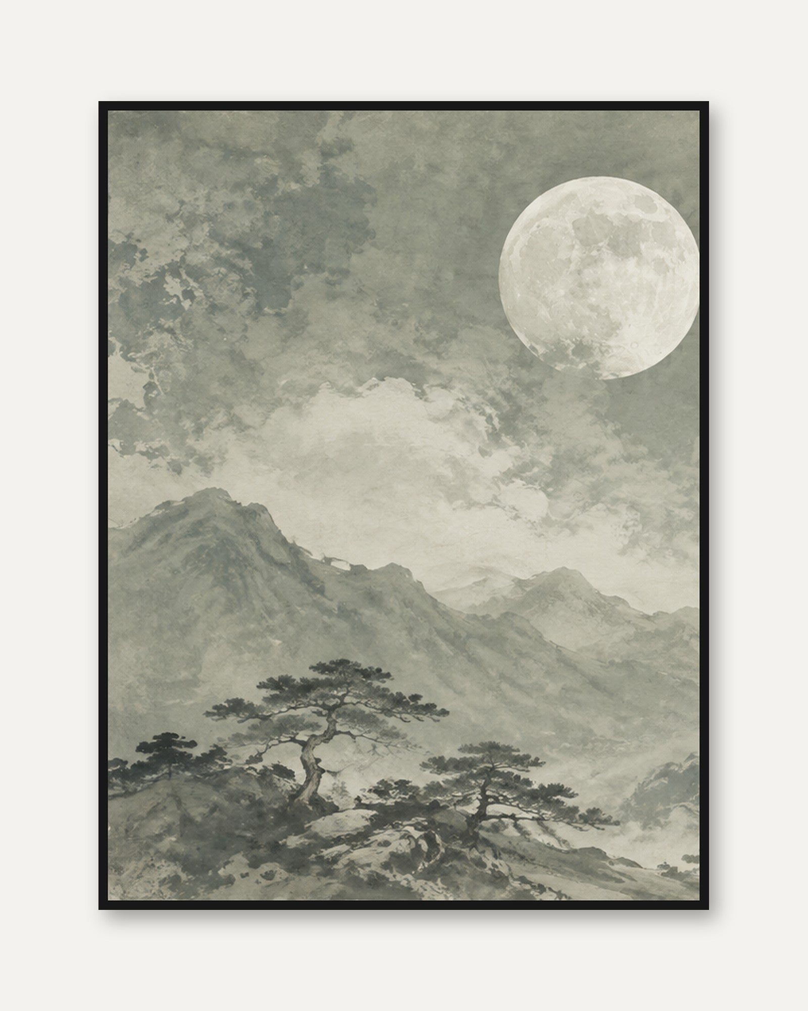 Mountain Moonscape Print: Asian Ink Wash Landscape Art - framed