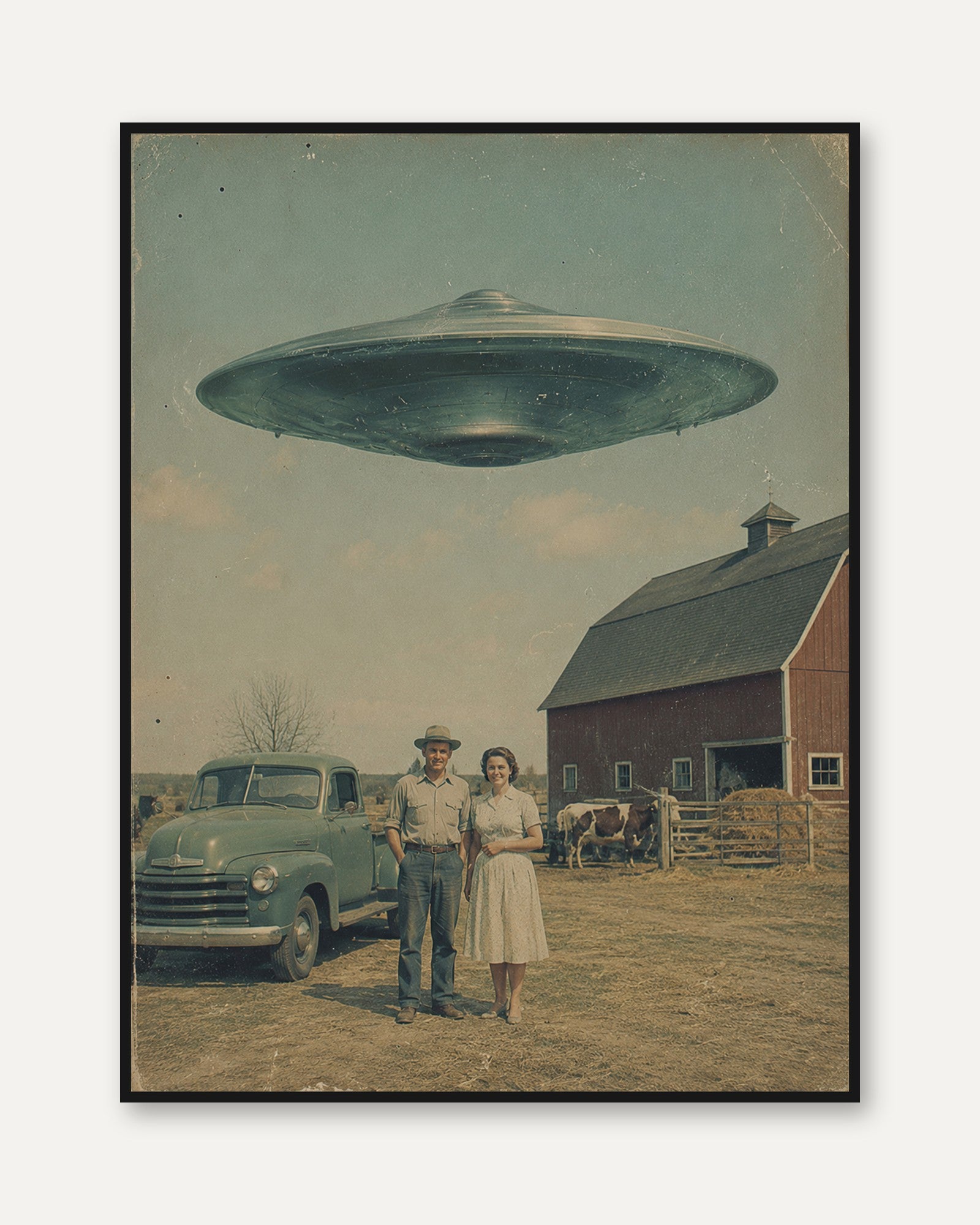 Retro UFO Farm Print — Vintage Sci-Fi Americana - framed