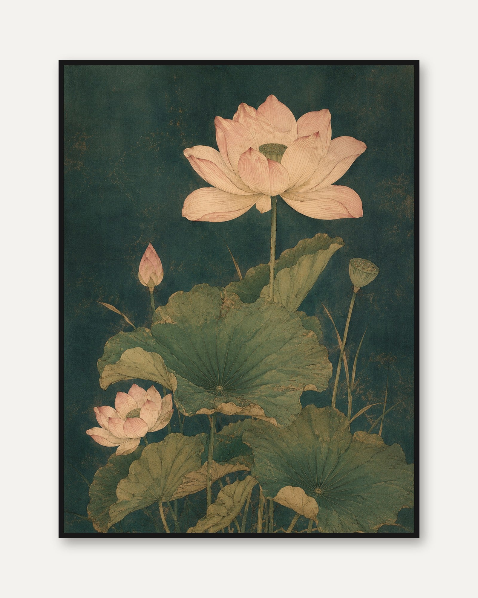 Vintage Lotus Botanical Print — Antique Asian Style Flower Art - framed