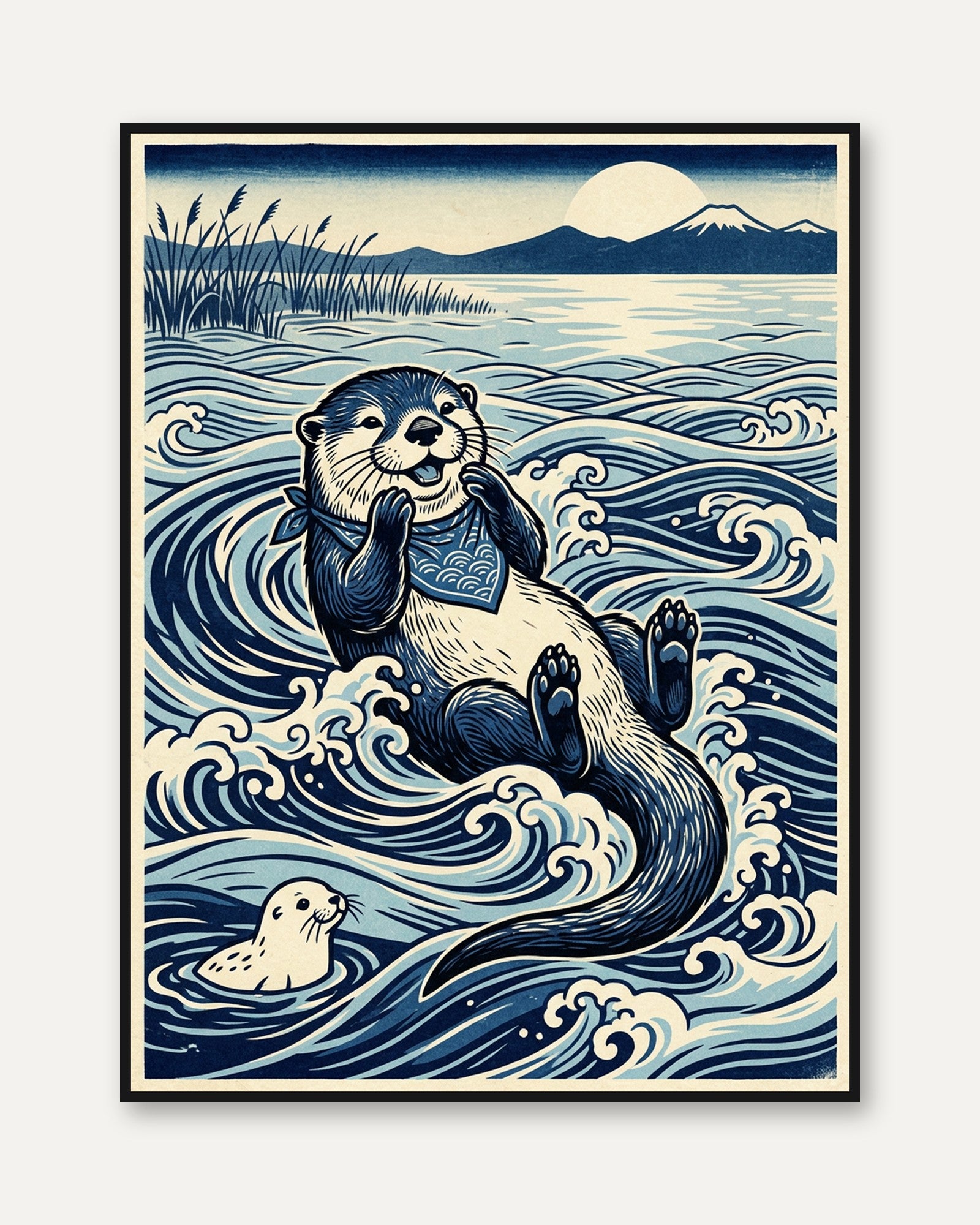 Sea Otter Waves Art Print: Japanese Woodblock Style Blue Wildlife - framed