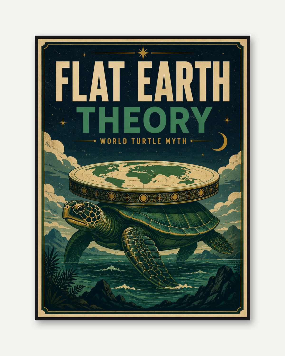 World Turtle Myth Poster: Vintage Flat Earth Print (Teal & Gold) - framed