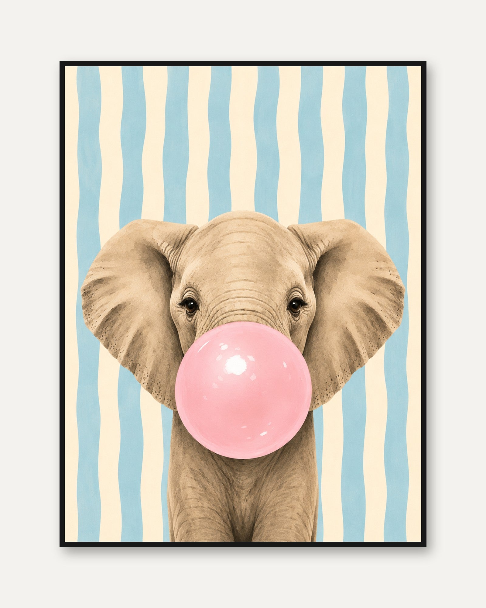 Elephant Bubblegum Print: Whimsical Animal Art with Blue Stripes - framed
