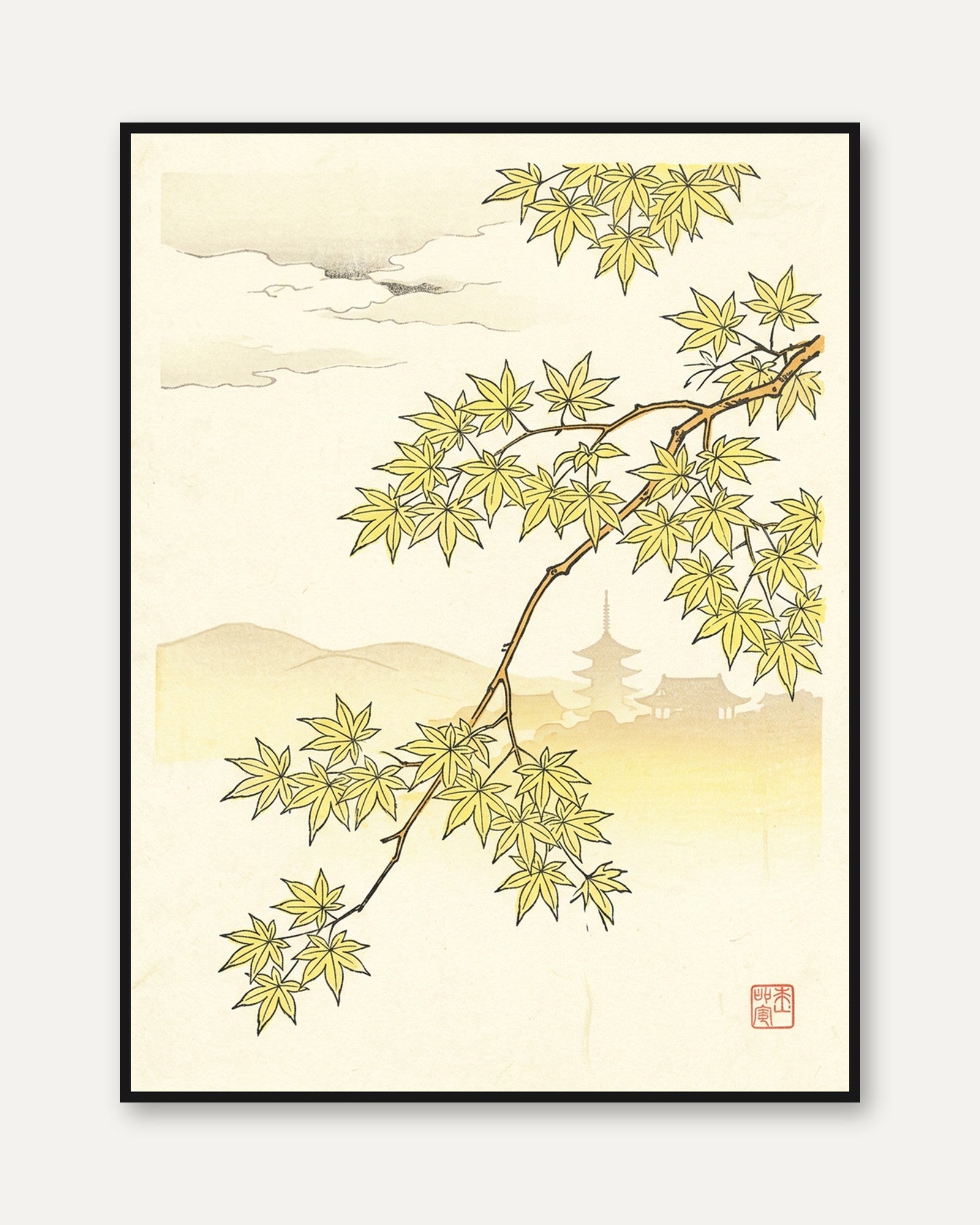 Japanese Maple Branch Art Print: Traditional Yellow Botanical Design - framed