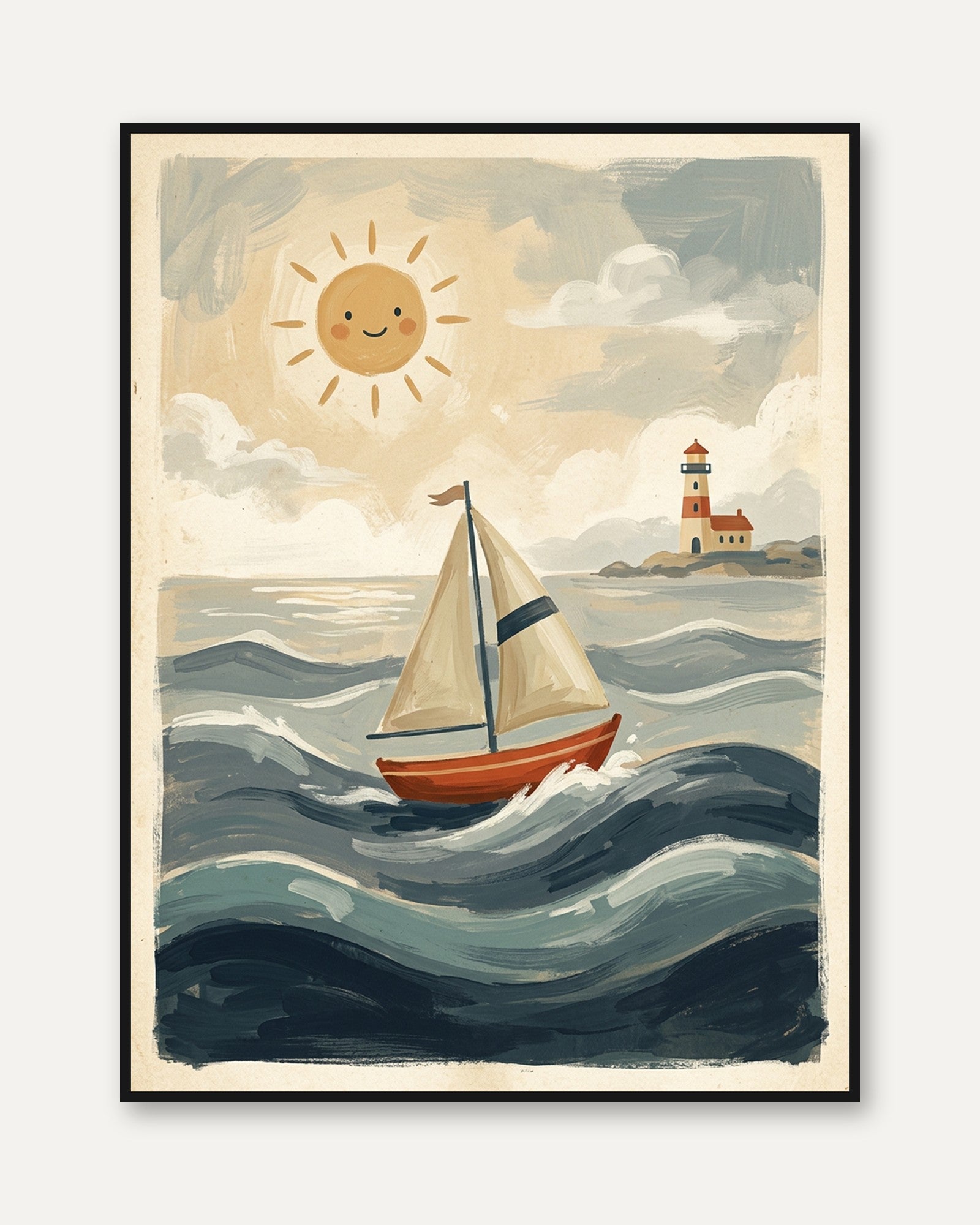 Whimsical Sailboat and Lighthouse Art Print: Coastal Nursery Scene - framed