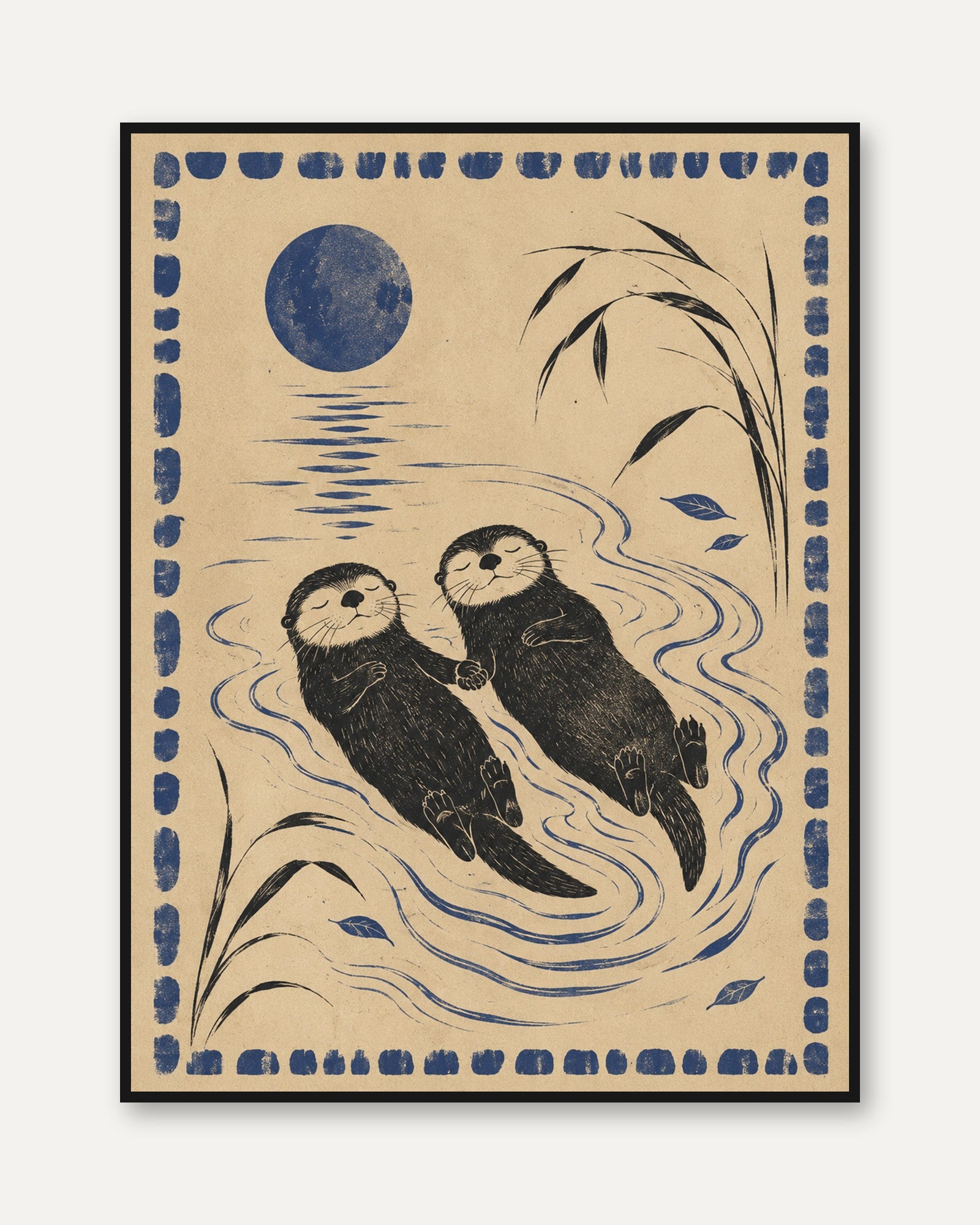 Sea Otter Wall Art – Japanese Folk Style Print - framed