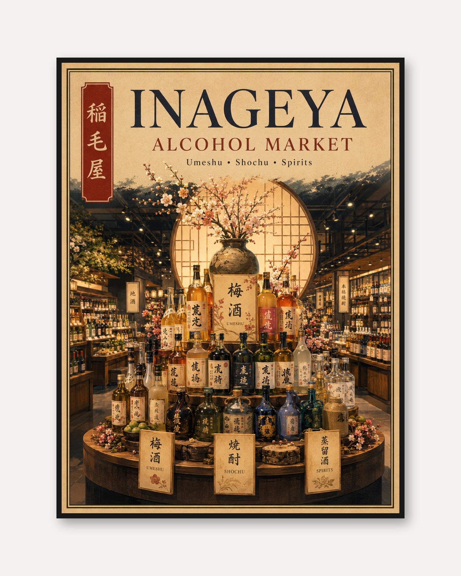 Japanese Sake Shop Poster: Traditional Inageya Market Art - framed