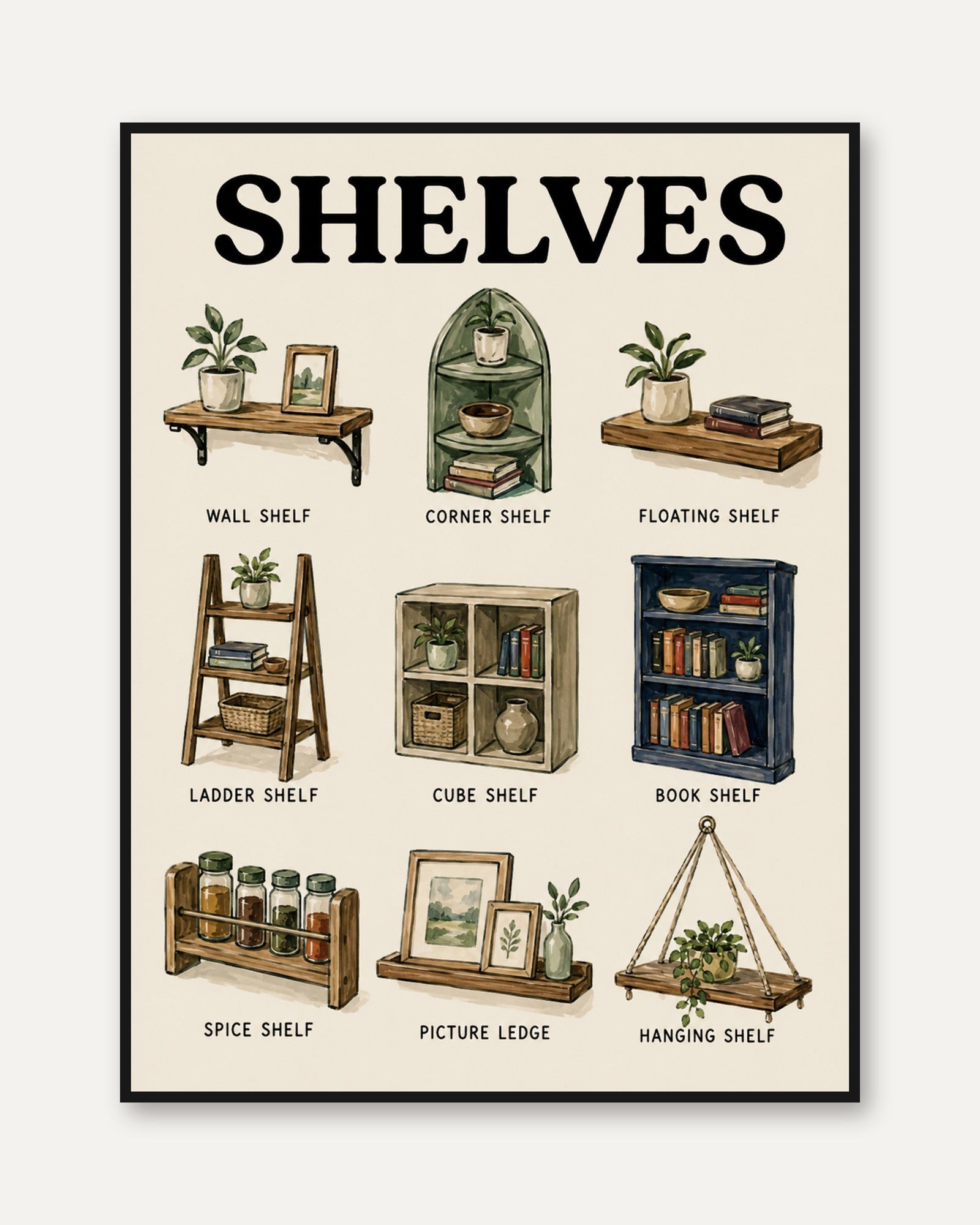 Shelves Guide Poster: Vintage Illustrated Home Decor Chart - framed