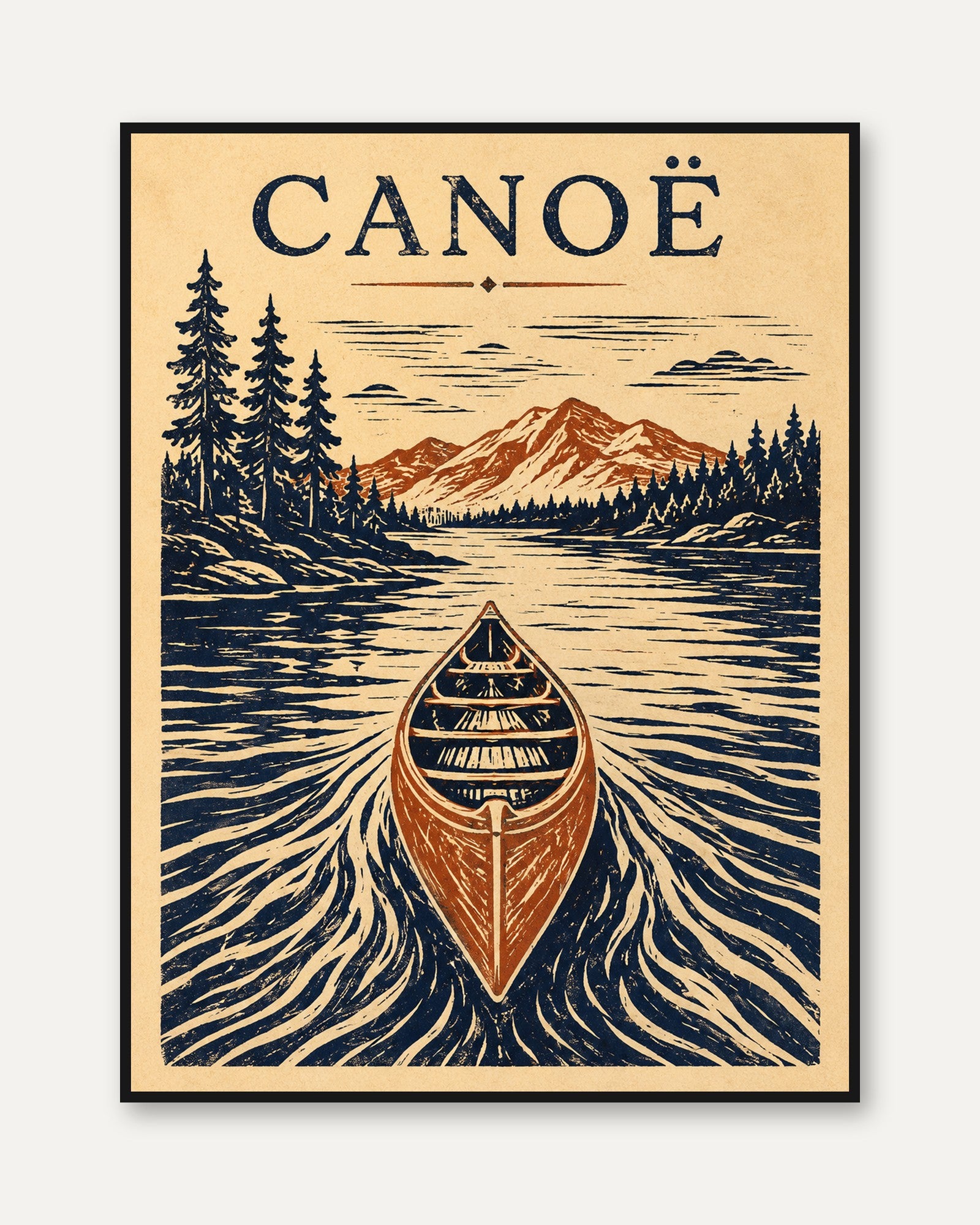 Canoe Wall Art – Vintage Lake Print - framed