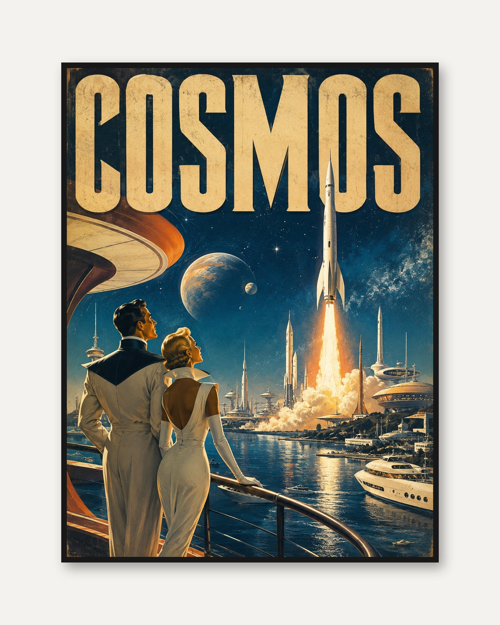 Retro Space Poster – Vintage Sci-Fi Wall Art - framed