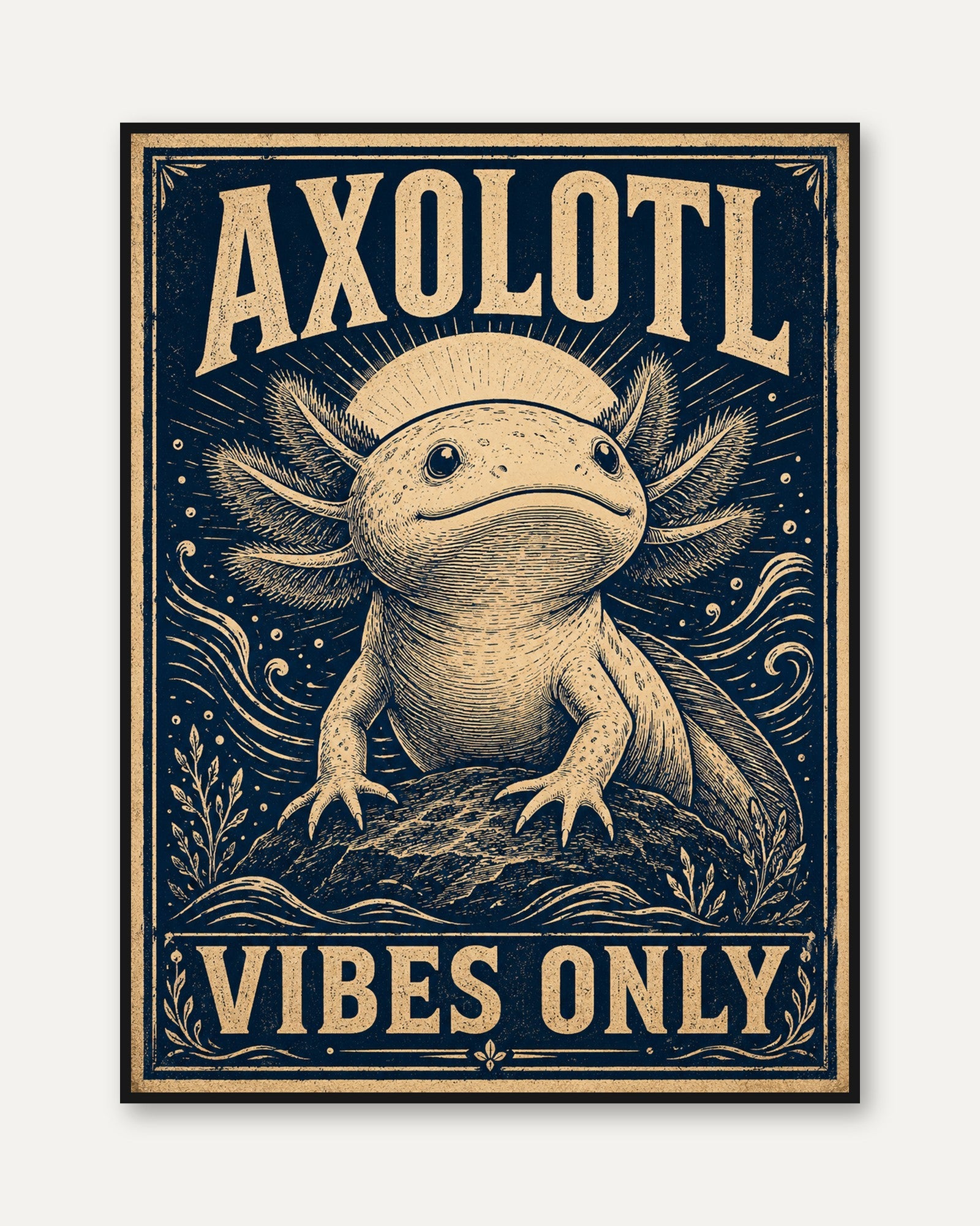 Axolotl Wall Art Print: Quirky Retro Linocut - framed