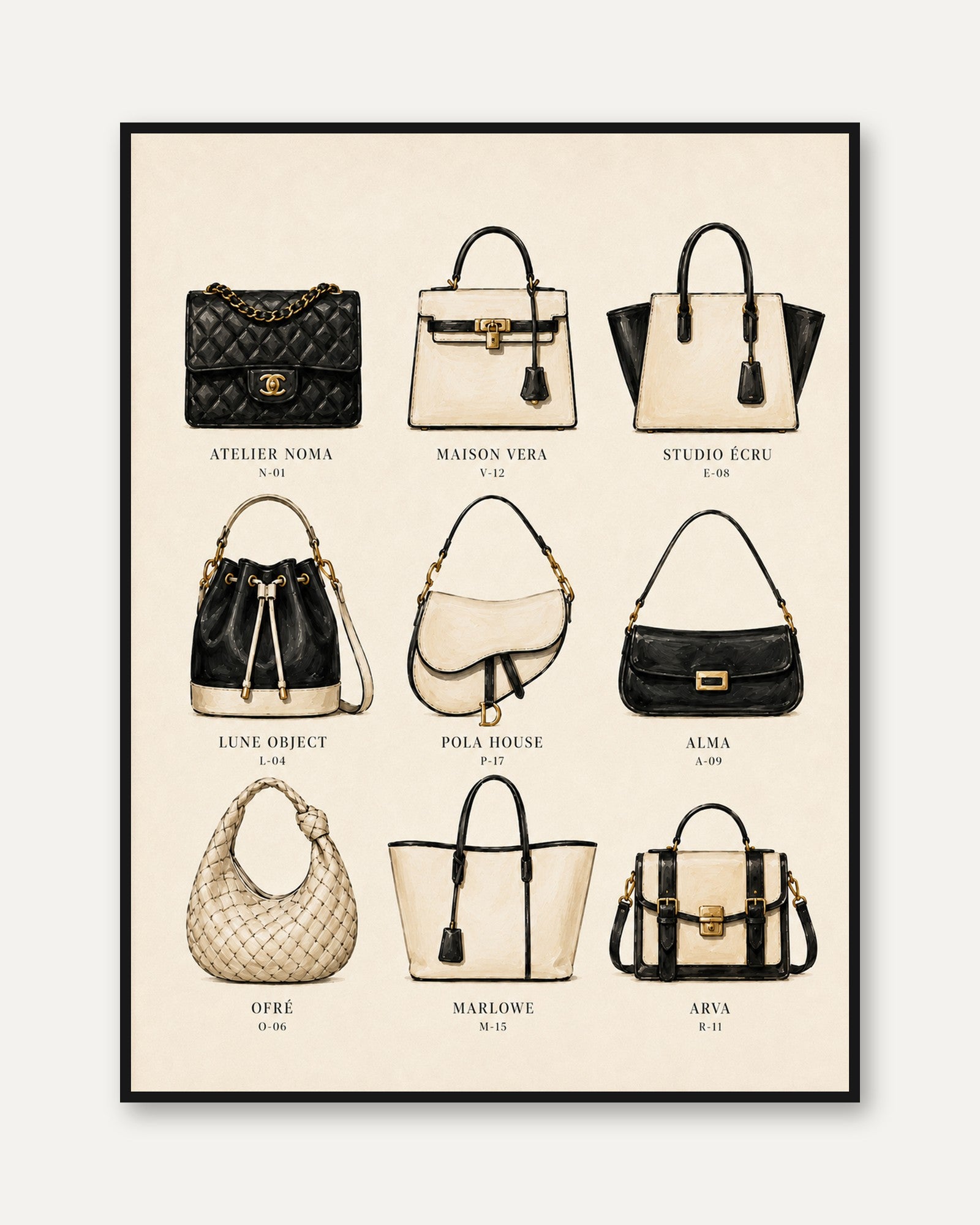 Designer Handbag Collection Print: Fashion Illustration Art - framed