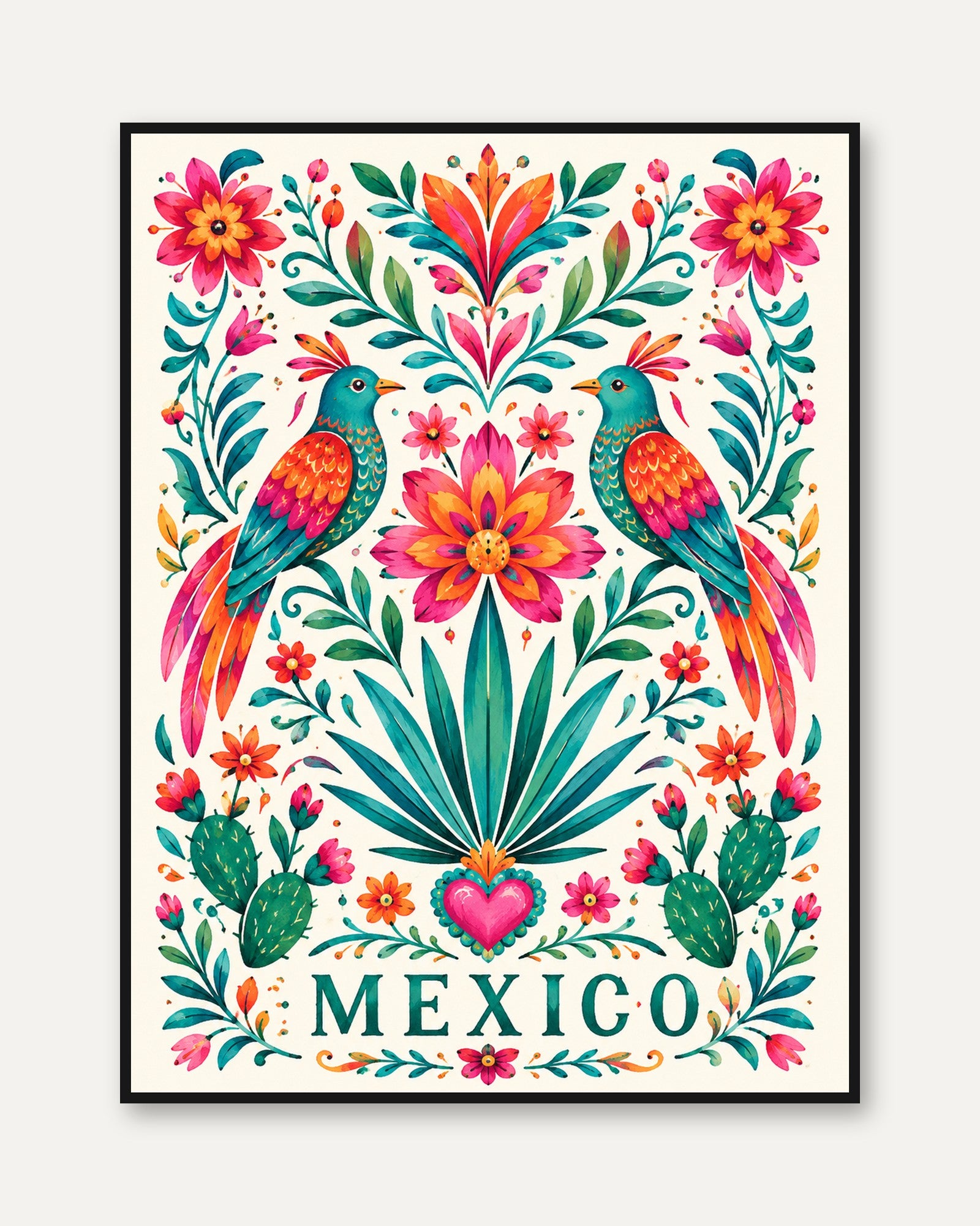 Mexican Folk Art Print – Colorful Bird Wall Art - framed