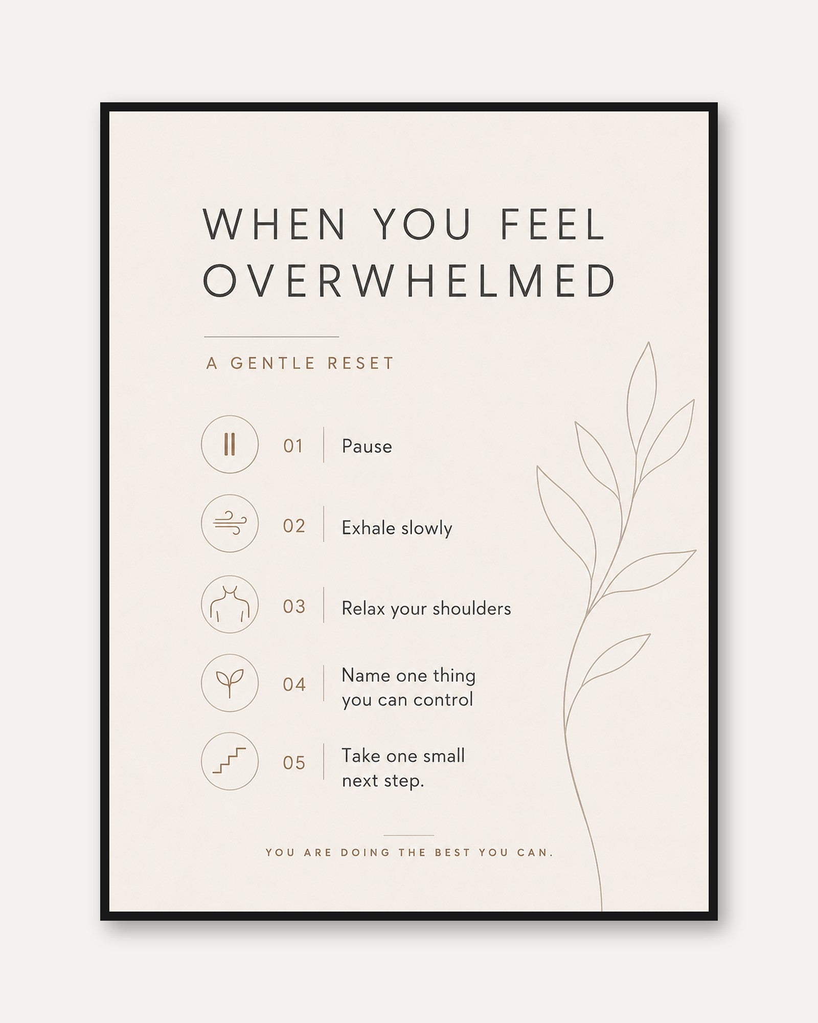 Calming Mindfulness Print: Overwhelm Guide with Botanical Art - framed