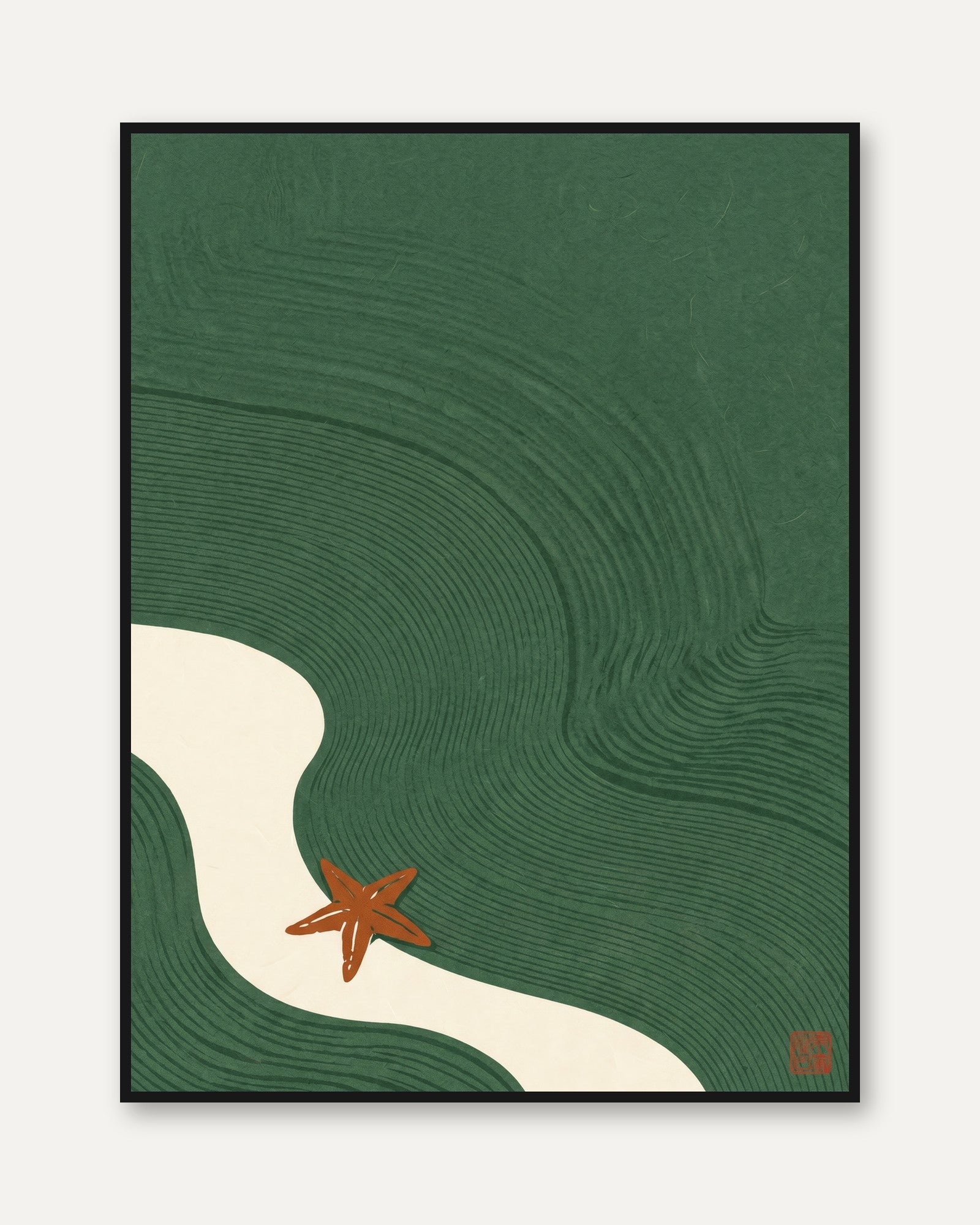 Coastal Ocean Wave Print: Mid-Century Modern Art (Starfish - framed