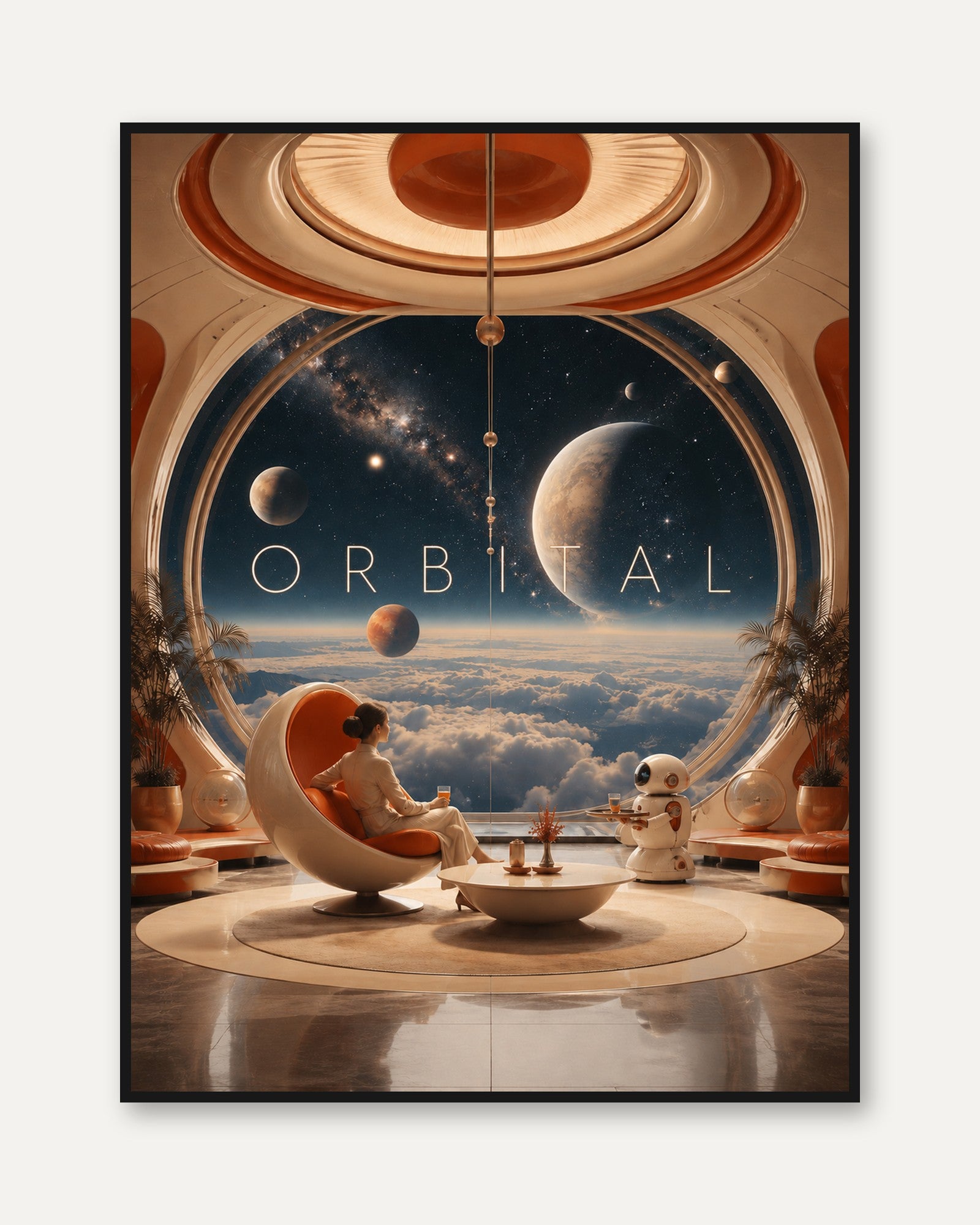 Orbital Space Lounge Art Print: Retro Futuristic Interior Design - framed