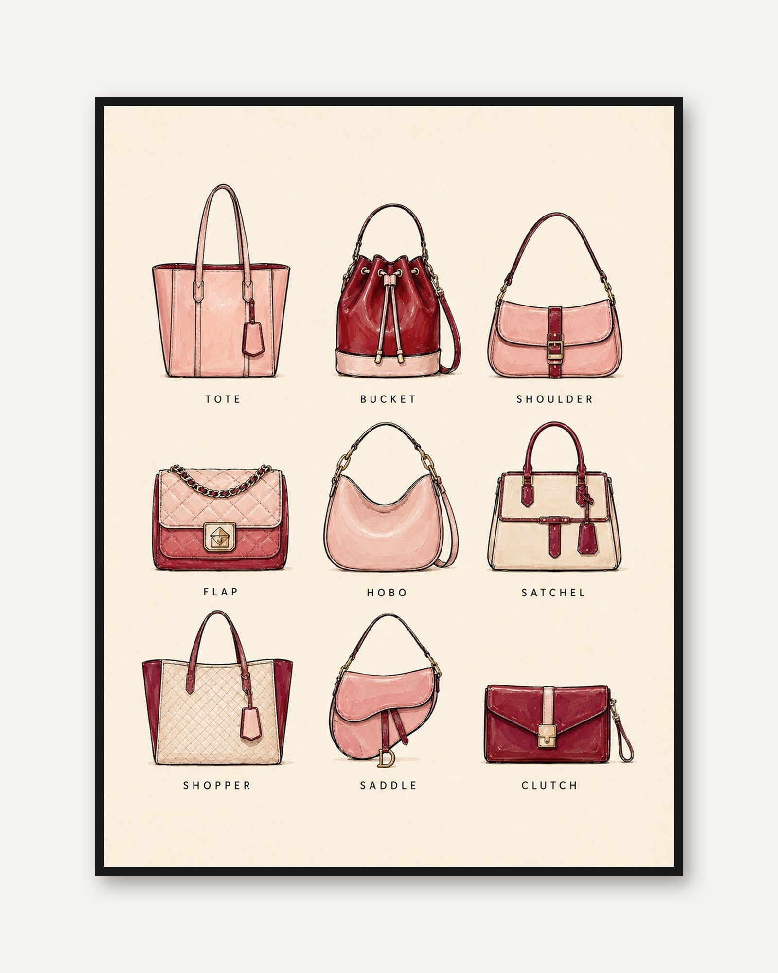 Designer Handbag Collection Print: Fashion Illustration Wall Art - framed