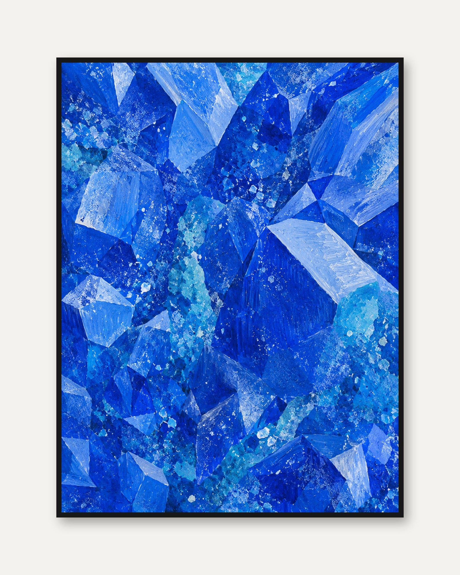 Blue Geometric Abstract Art Print: Cubist Fractured Ice Design - framed