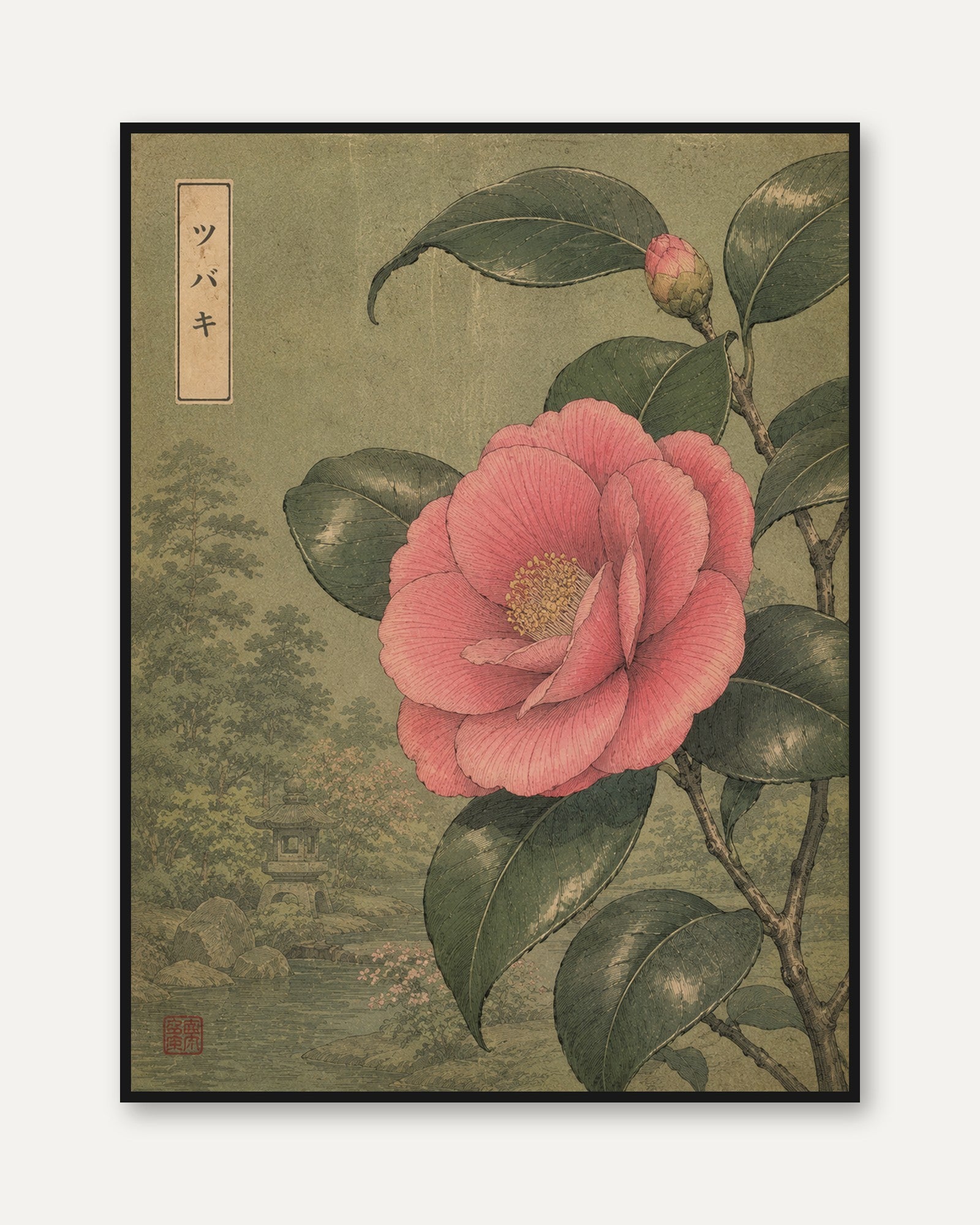 Japanese Camellia Botanical Print — Vintage Asian Flower Art - framed
