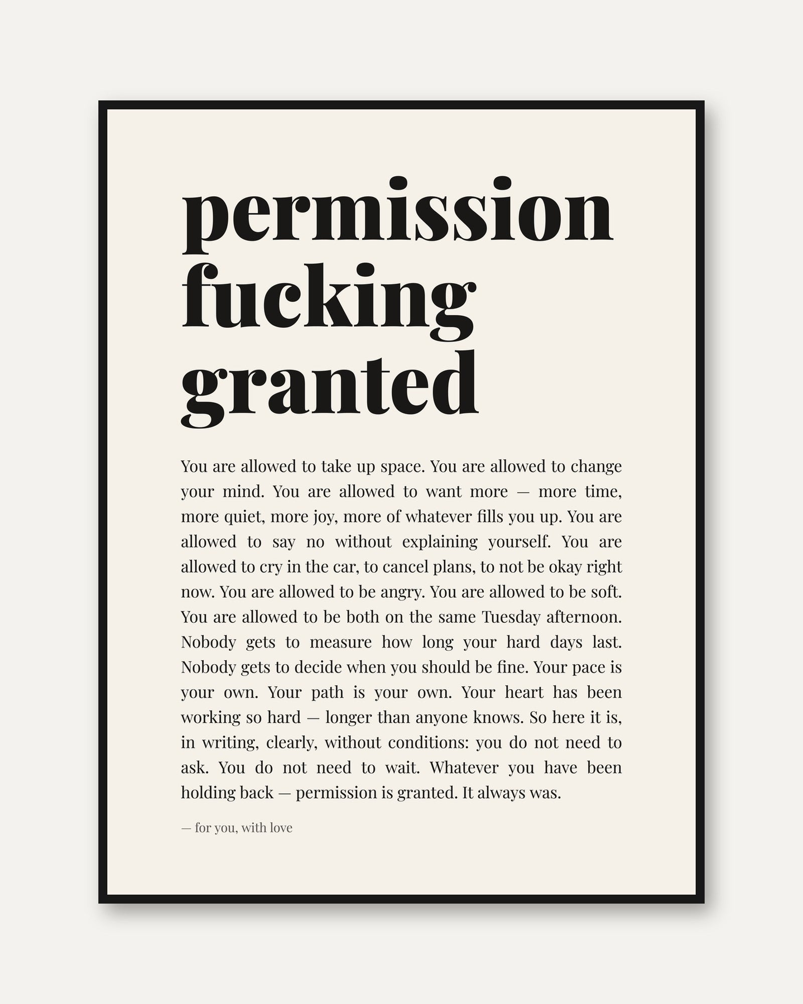 Permission Print – Self Love Wall Art - framed