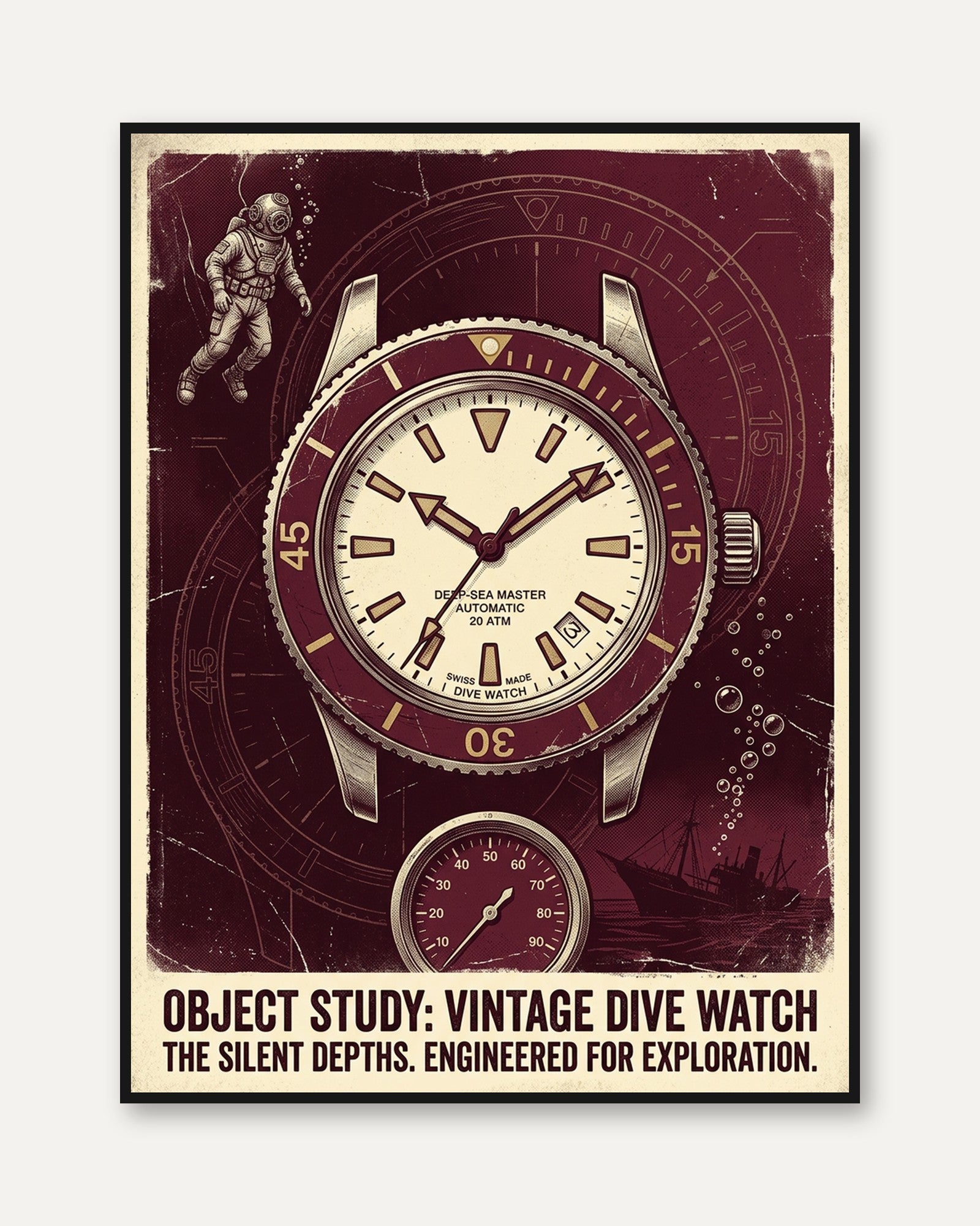Vintage Dive Watch Poster: Retro Burgundy Technical Illustration - framed