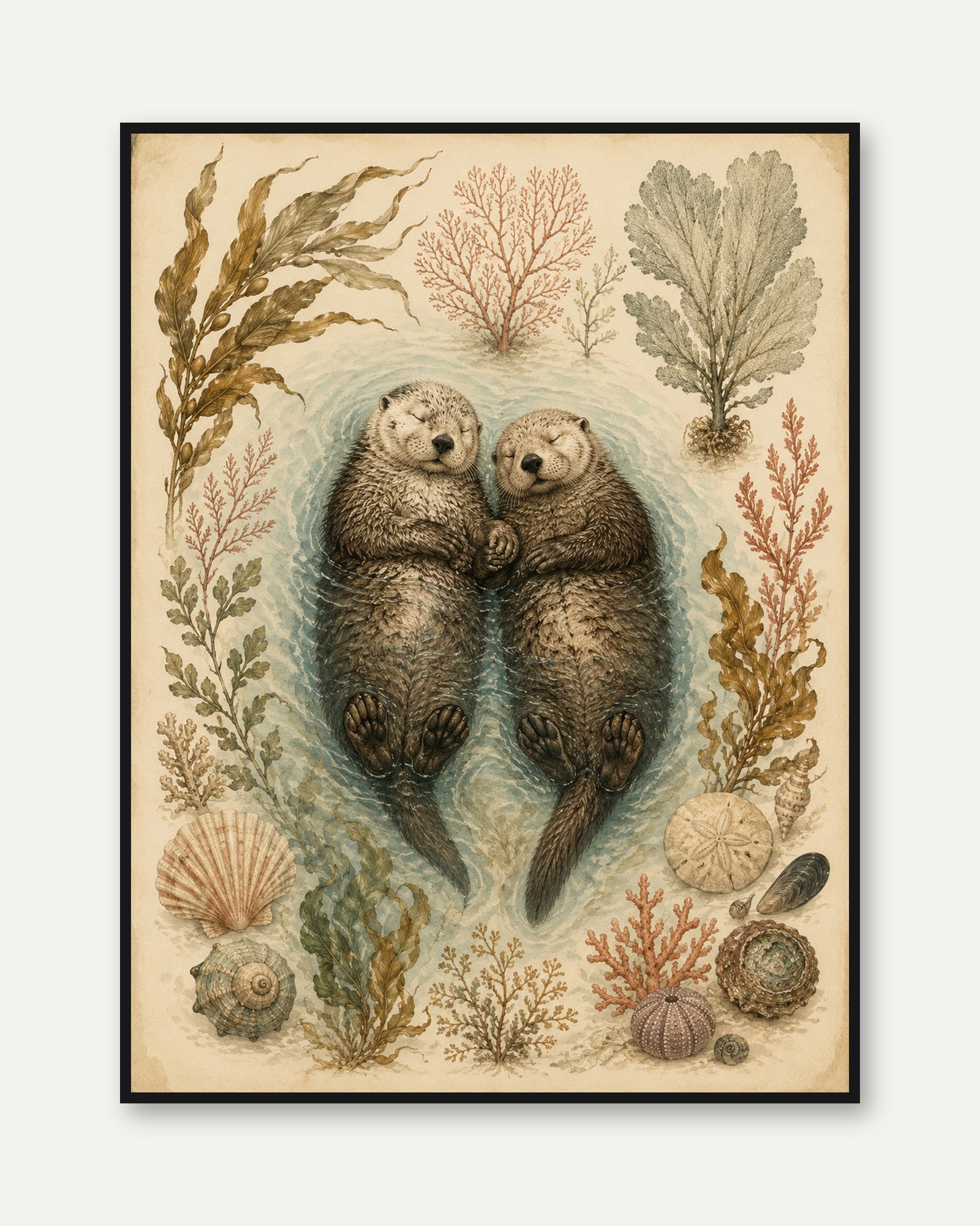 Sea Otter Couple Print — Vintage Nautical Illustration - framed