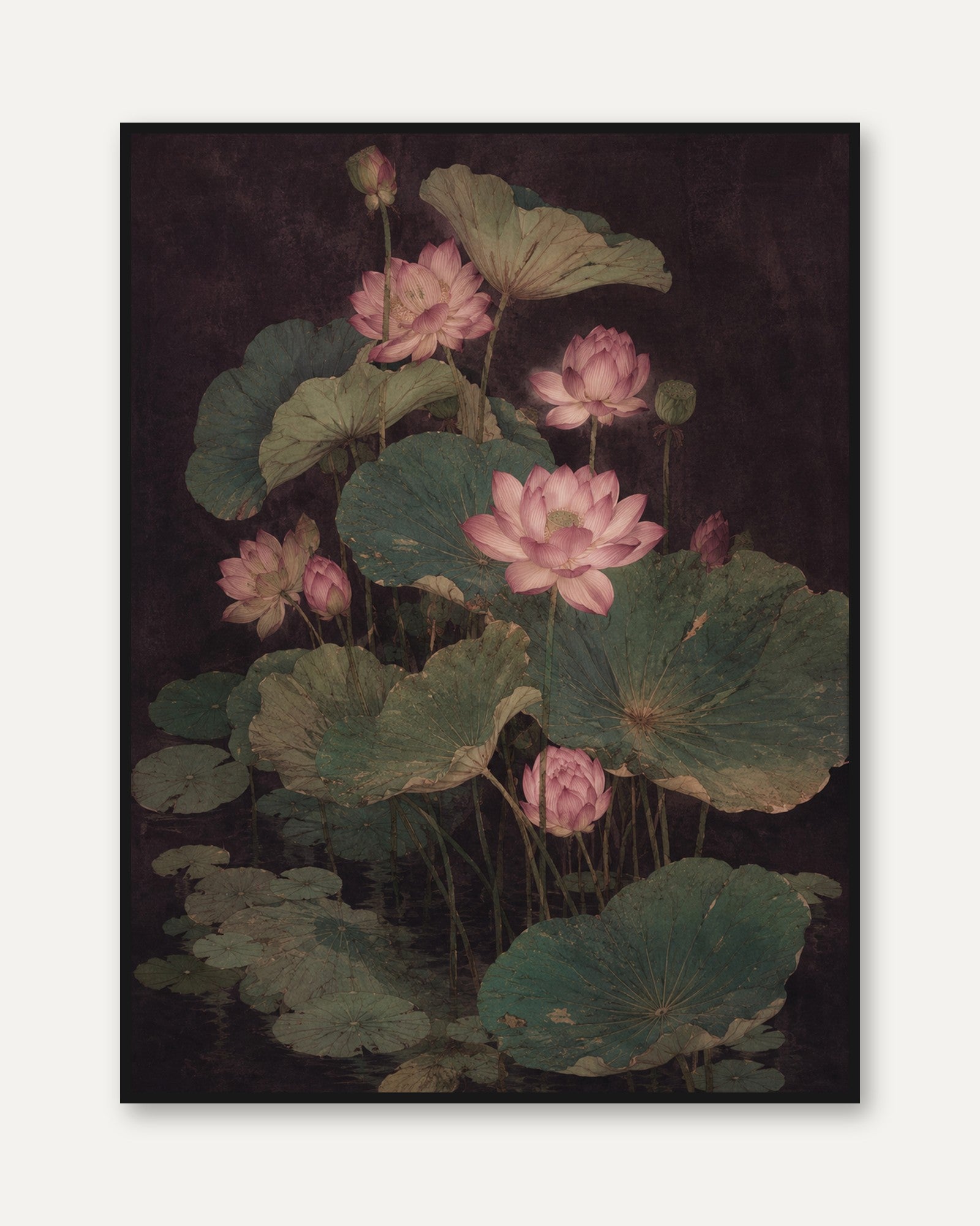 Lotus Flower Botanical Print – Vintage Asian Inspired Dark Moody Wall - framed