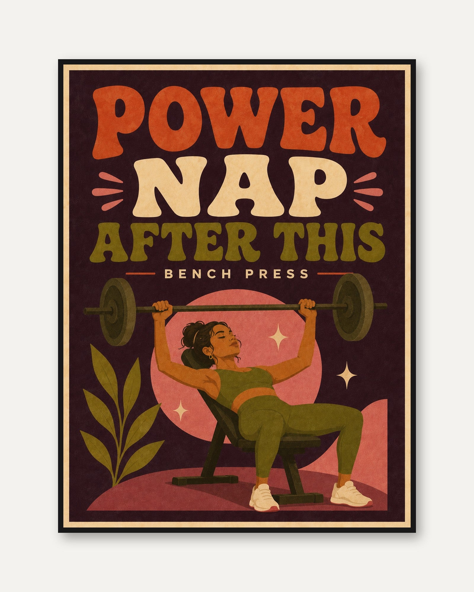 Power Nap After This Bench Press: Retro Fitness Wall Art - framed