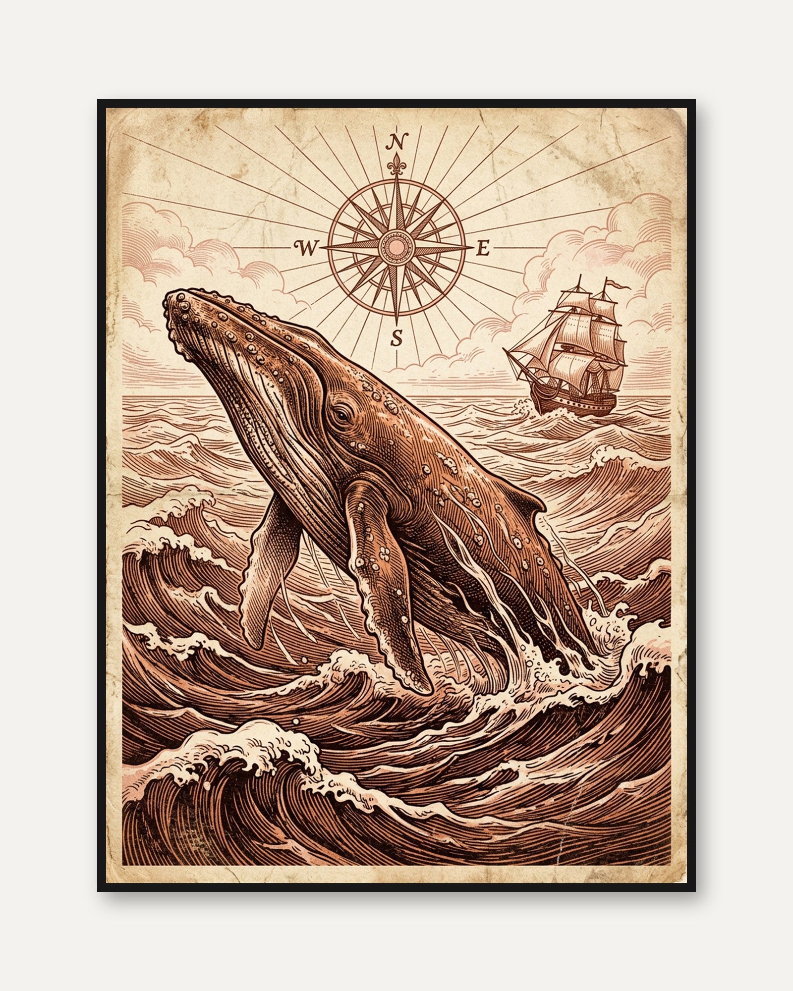 Whale Wall Art: Vintage Nautical Compass - framed