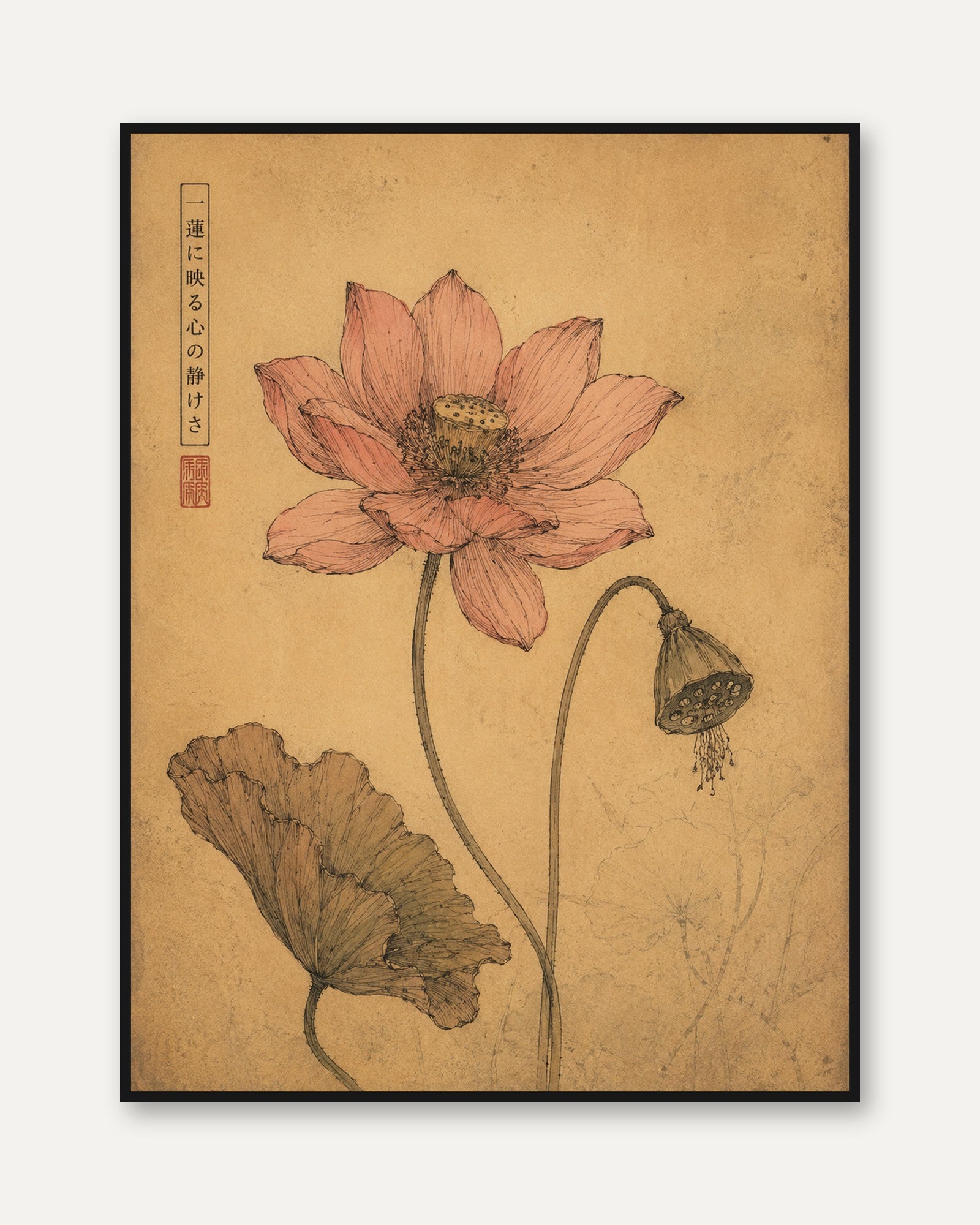 Lotus Flower Japanese Print — Vintage Botanical Illustration - framed