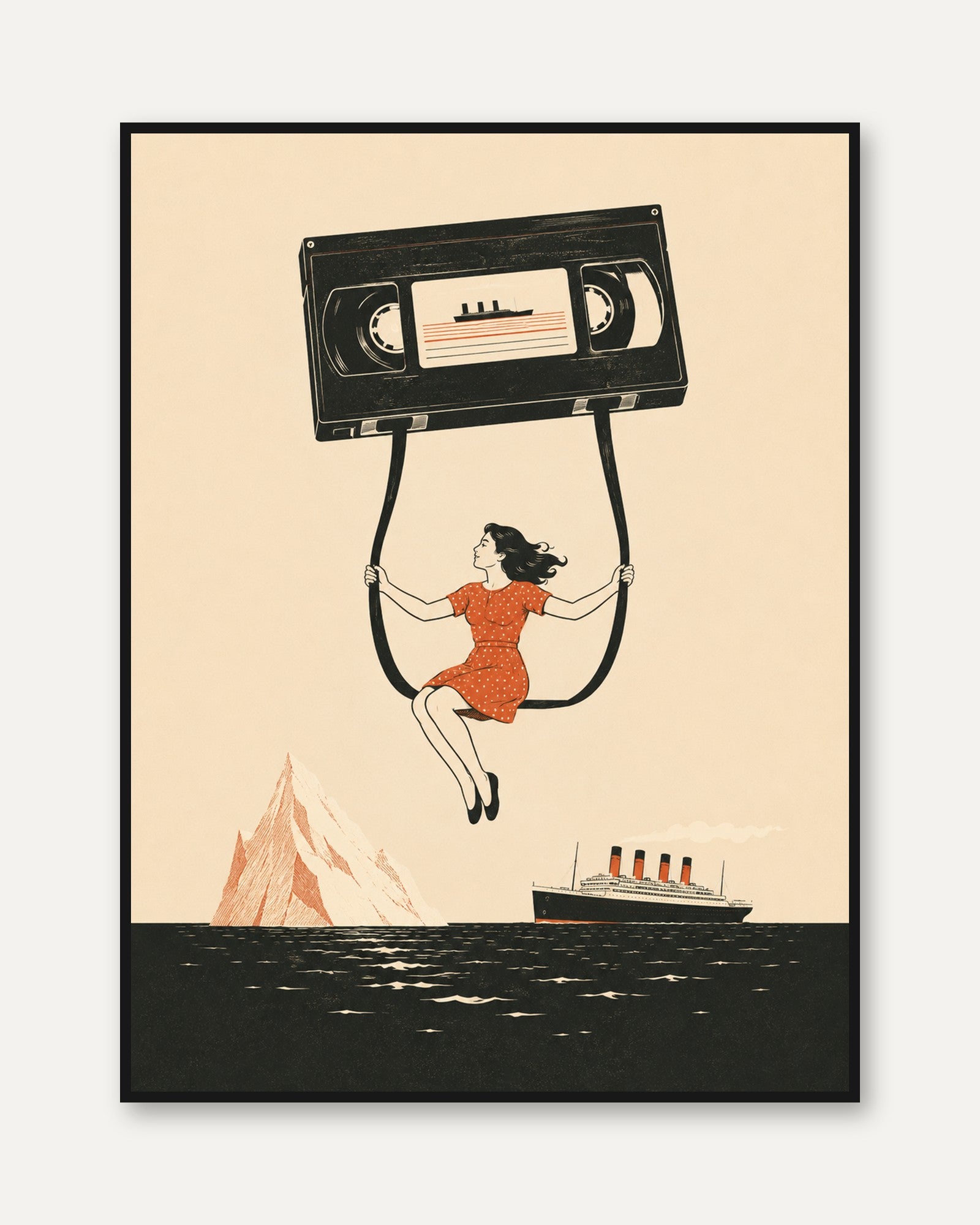 Retro Cassette Tape Print: Whimsical Woman Swinging - framed