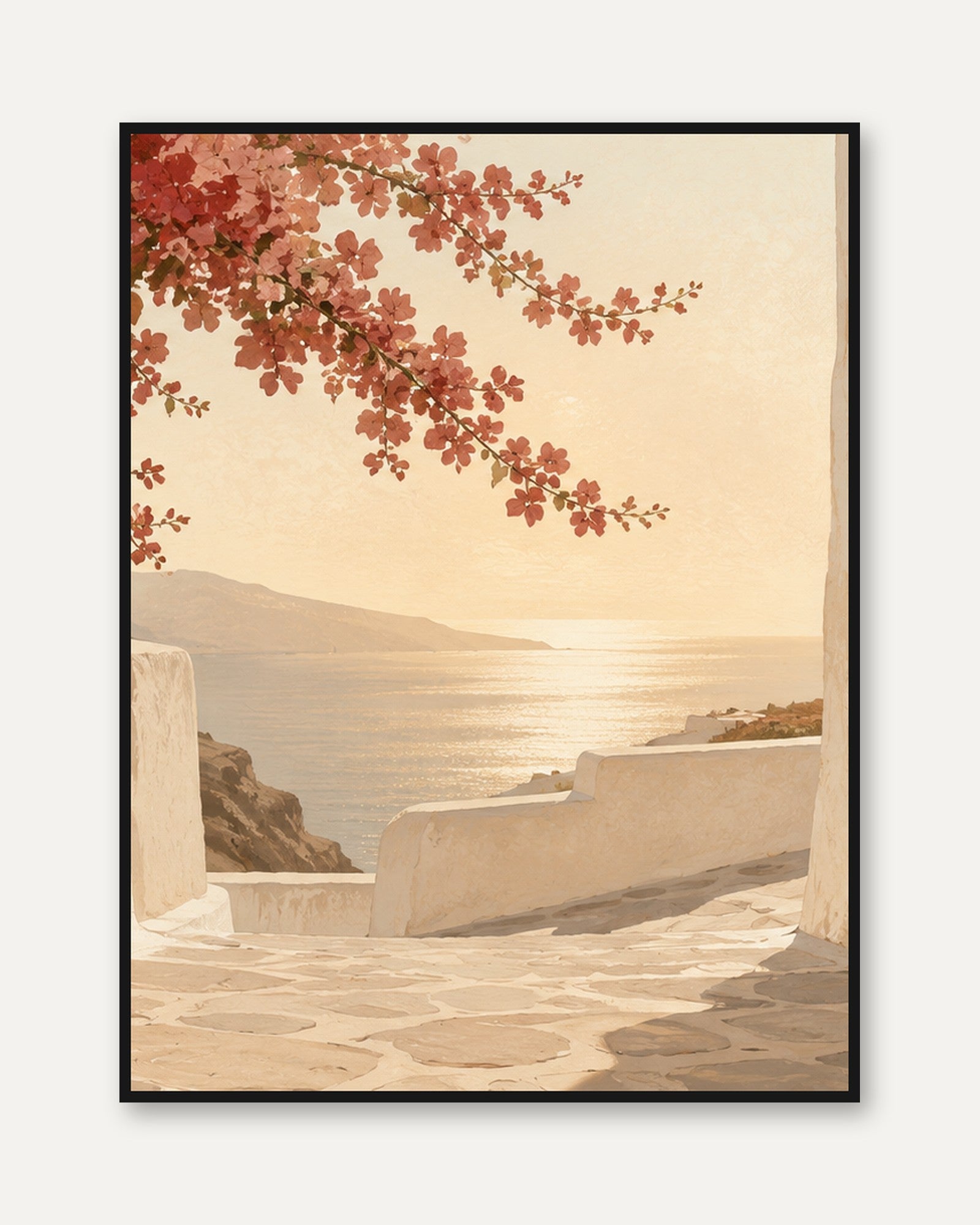 Mediterranean Terrace with Bougainvillea: Warm Coastal Wall Art - framed