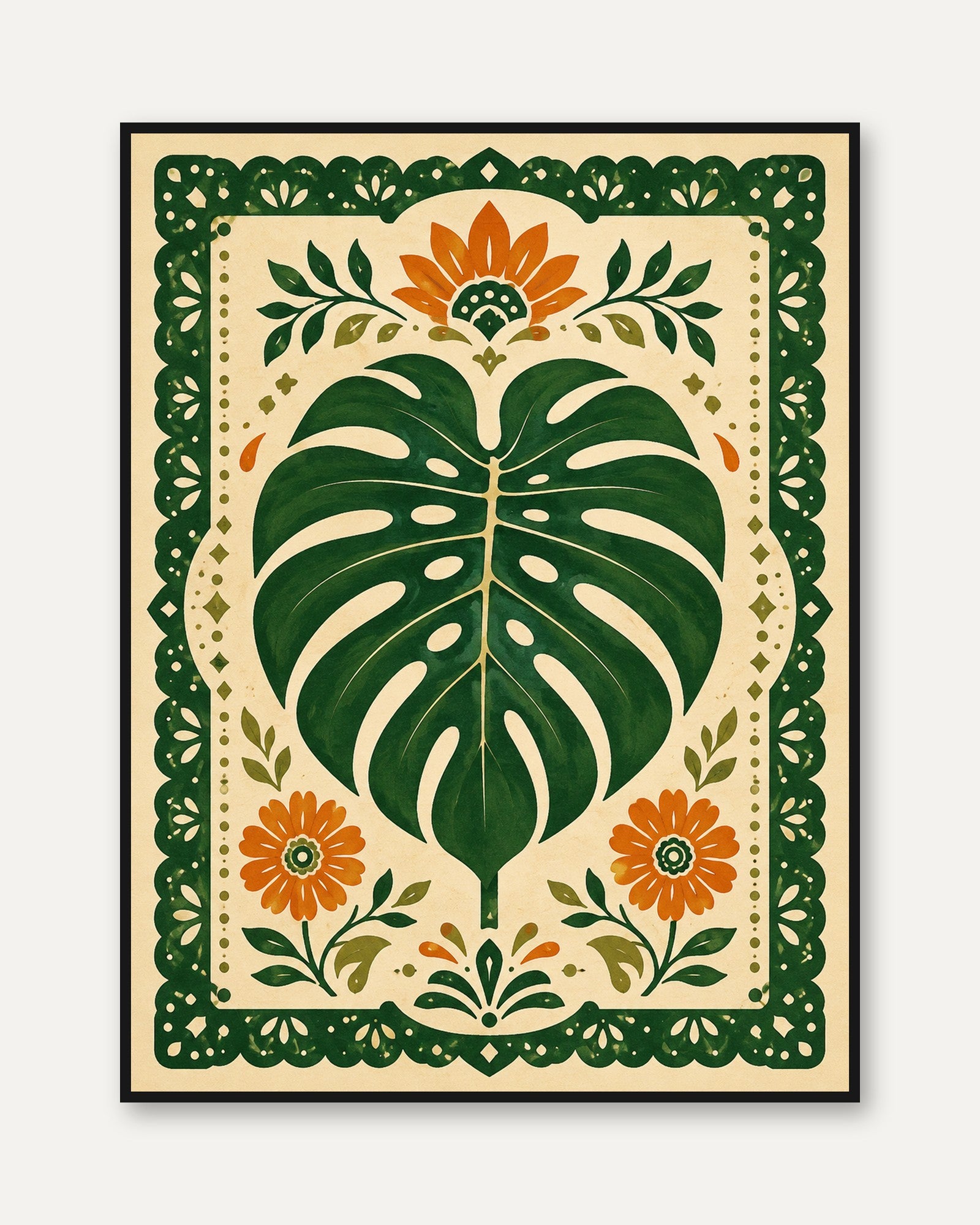 Folk Art Botanical Print – Monstera Wall Art - framed