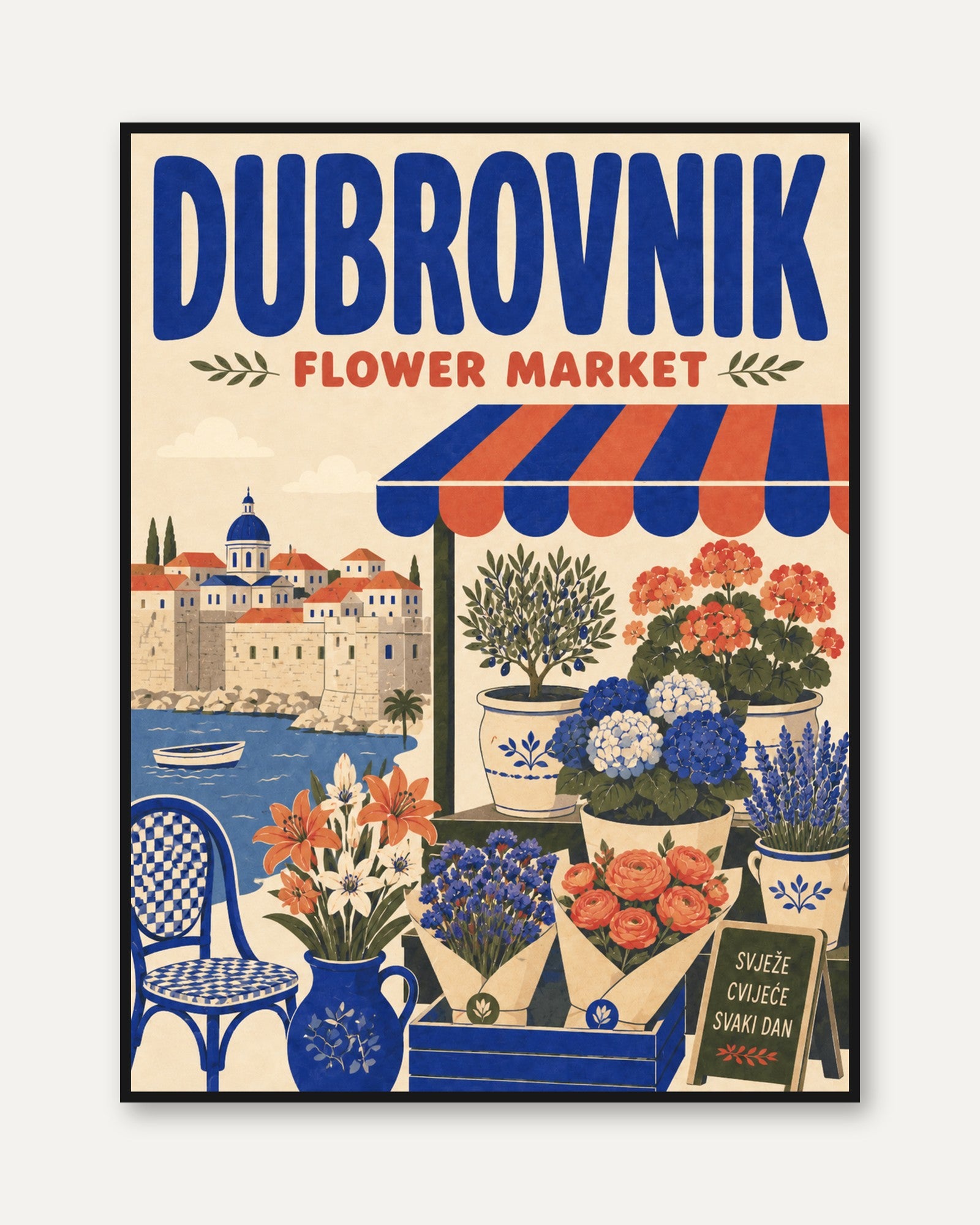 Dubrovnik Flower Market Print: Vintage Travel Poster Style - framed