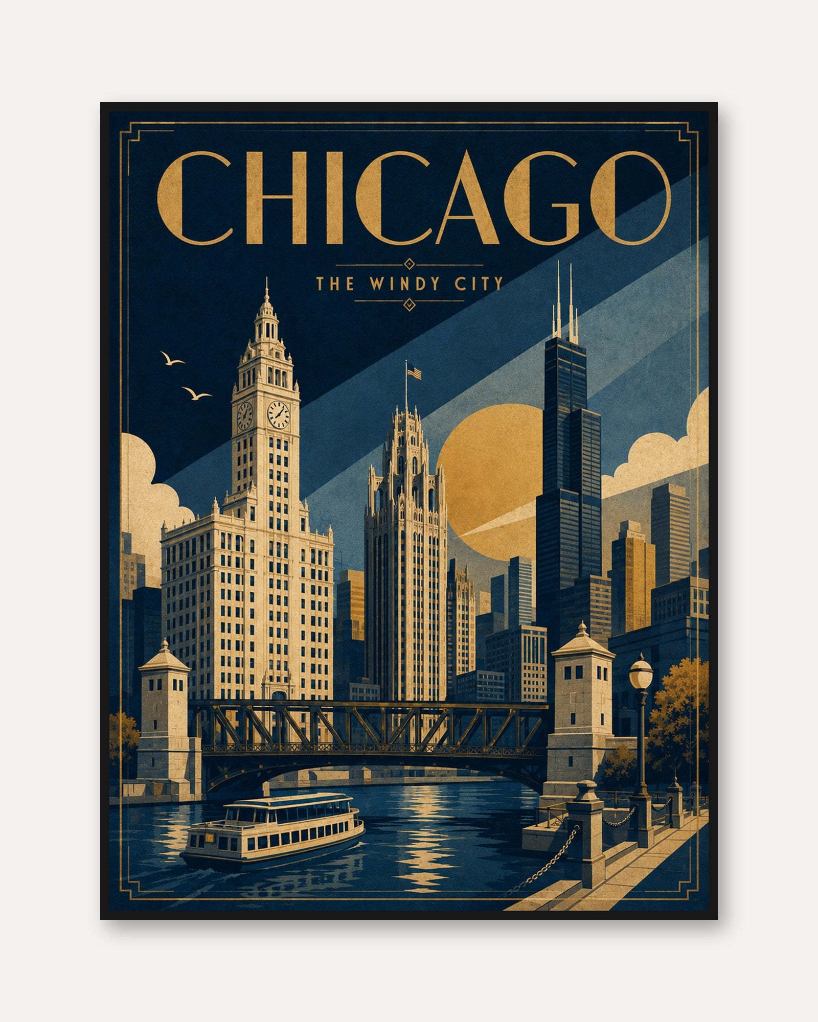 Chicago Travel Poster – Vintage Art Deco Wall Art - framed