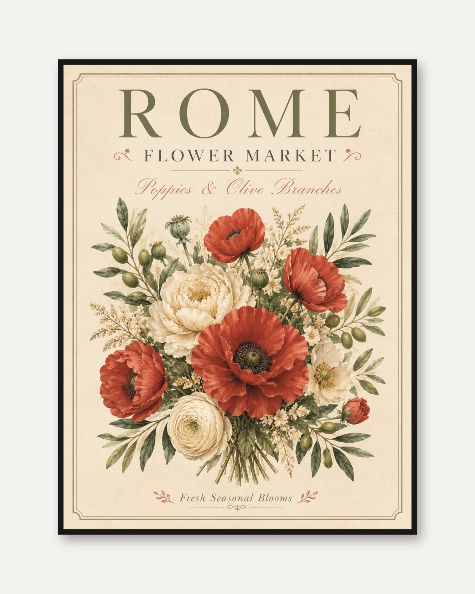 Vintage Botanical Print — Rome Flower Market Poppies & Olive Branches - framed