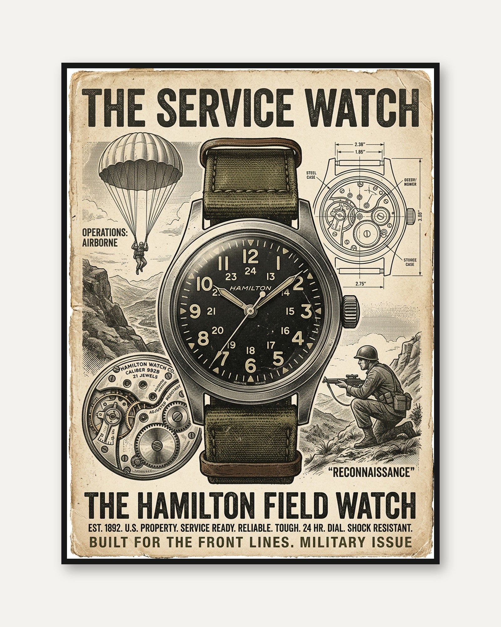 Vintage Military Watch Poster: Hamilton Field Watch Advertisement - framed