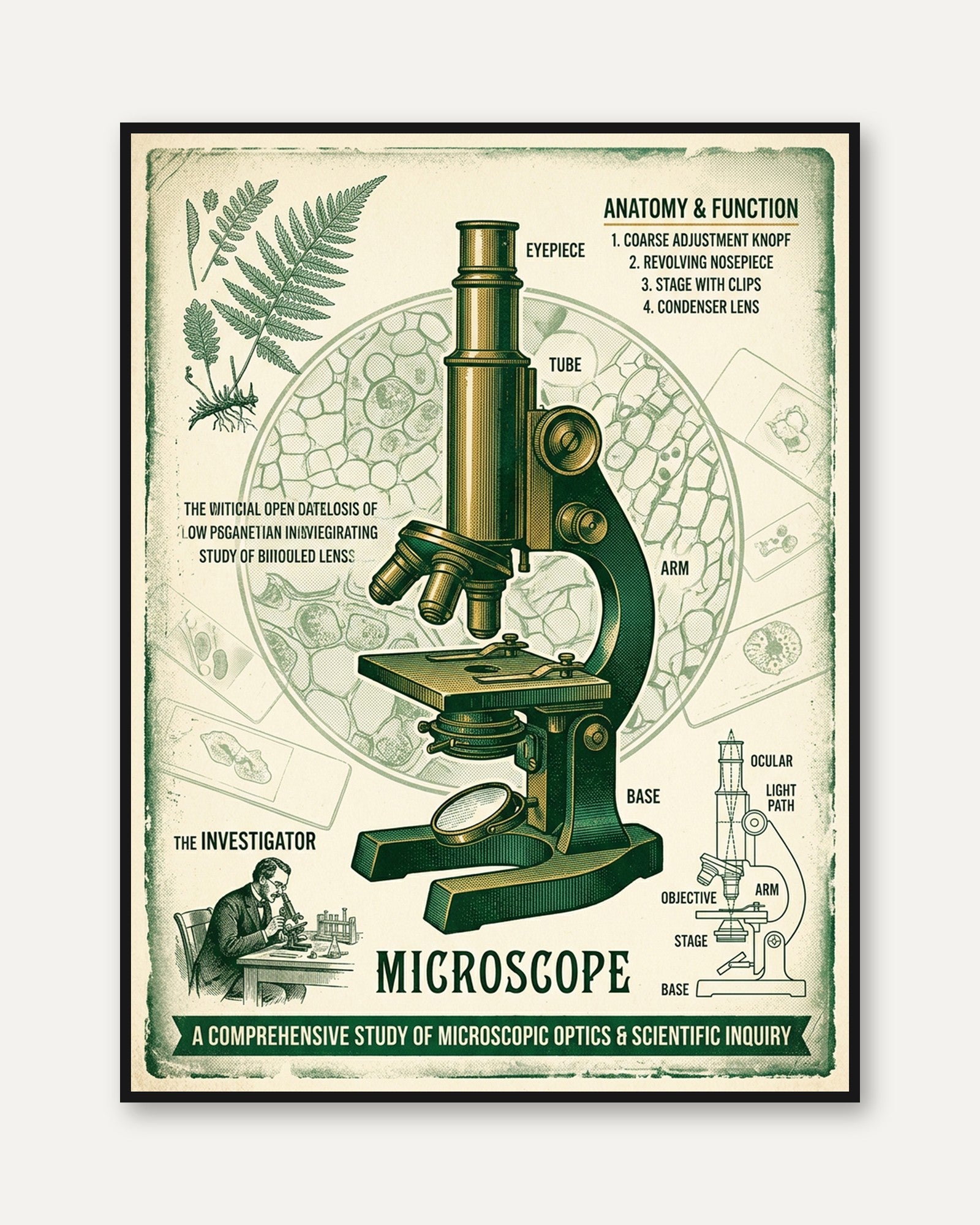 Vintage Microscope Diagram Poster: Scientific Botanical Art Print - framed
