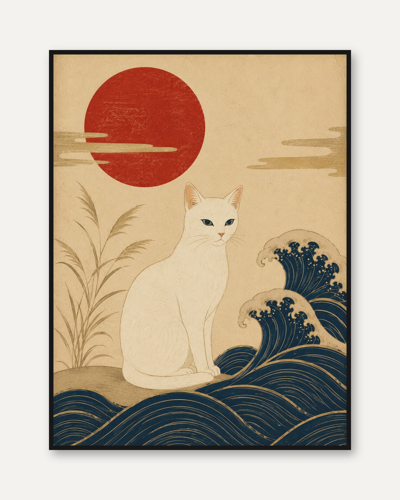 Ukiyo-e Cat Print: Japanese Vintage Style - framed