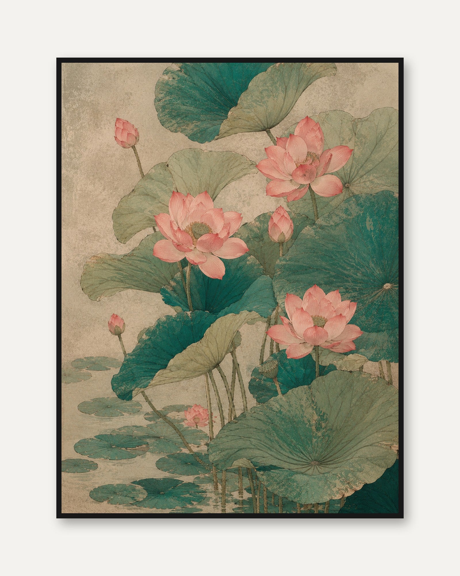 Pink Lotus Flowers Wall Art: Vintage Asian Botanical Print - framed