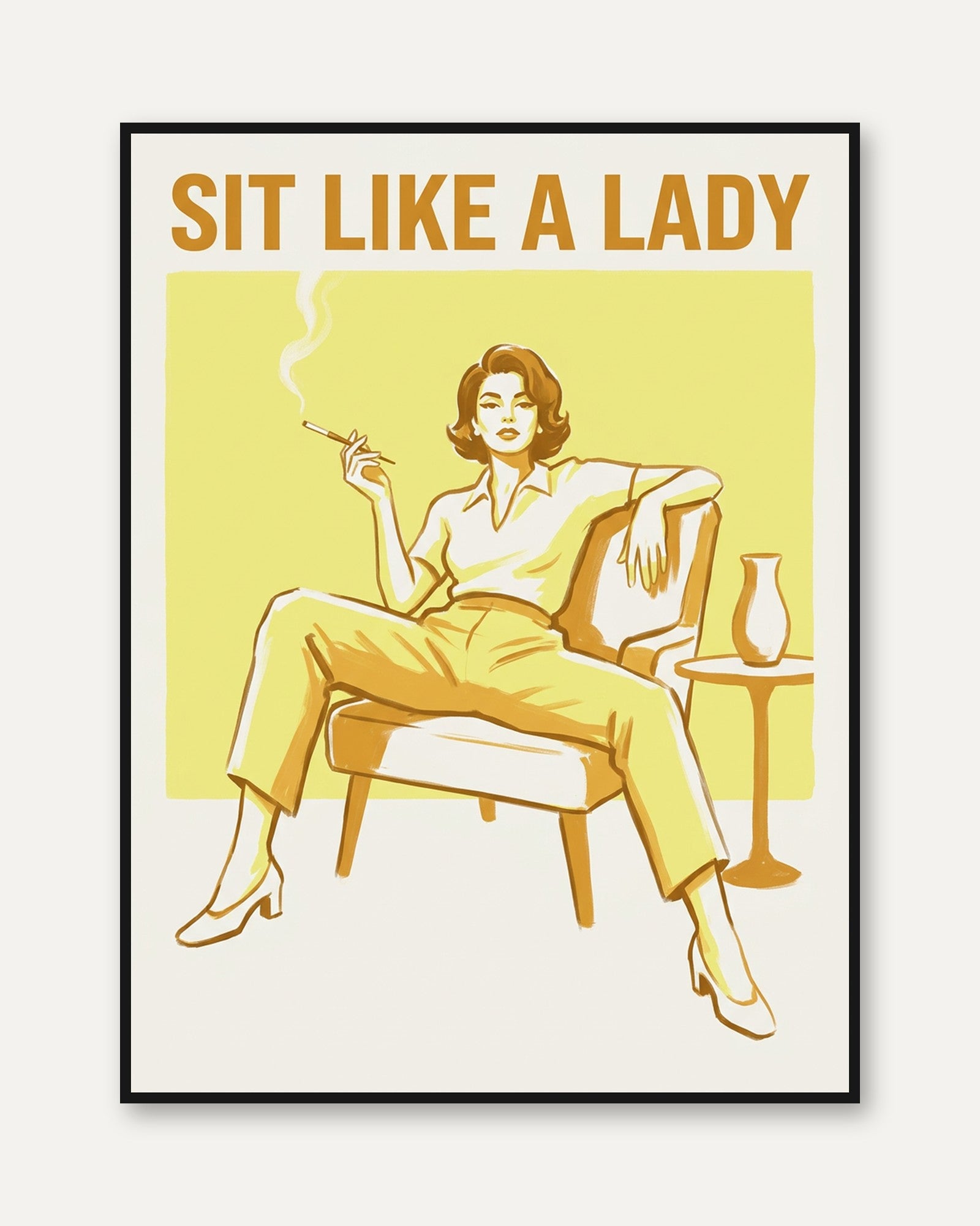 Sit Like a Lady Retro Poster: Mid-Century Yellow Lounge Art - framed